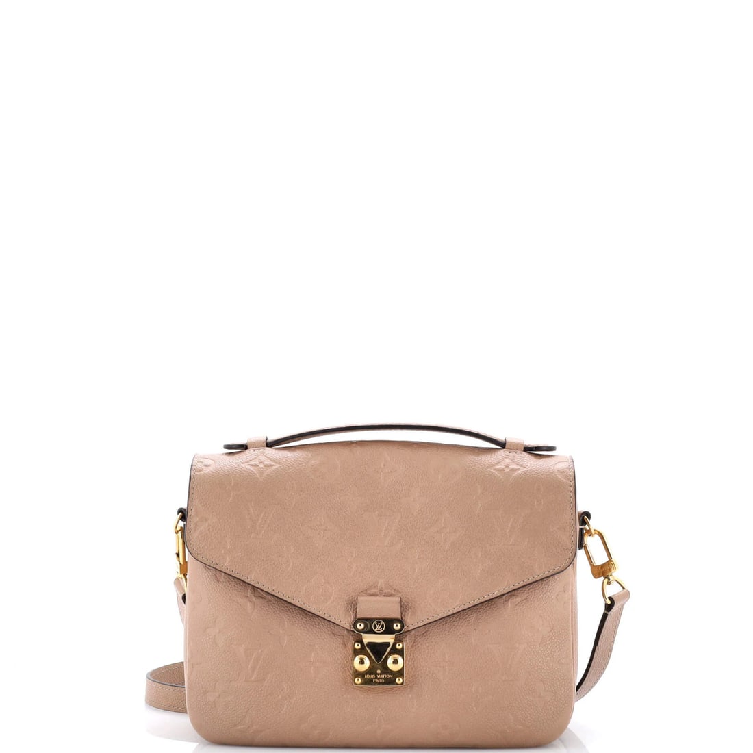 Louis Vuitton leather Empreinte Monogram Pochette: Louis Vuitton leather Empreinte Monogram Pochette The Louis Vuitton leather Empreinte Monogram Pochette boasts a timeless neutral exterior with repainted corners and edges, adding a touch of subtle
