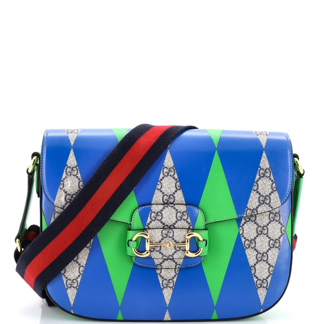Gucci Horsebit 1955 Shoulder Bag Printed GG Coated Canvas Large: Gucci Horsebit 1955 Shoulder Bag Printed GG Coated Canvas Large This Gucci Horsebit 1955 Shoulder Bag features a striking blue canvas exterior with a classic printed GG design, coated for durability. 