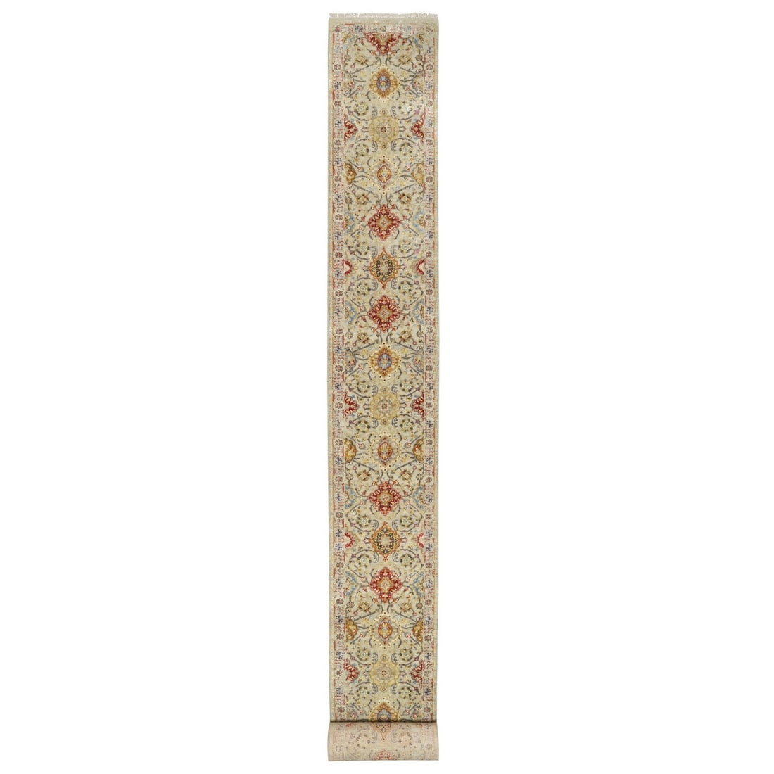 2'6"x24' Beige The Sunset Rosettes Wool and Silk Hand Knotted Runner Rug: 2'6"x24' Beige The Sunset Rosettes Wool and Silk Hand Knotted Runner Rug Silk and wool blend in a stunning beige hue, creating a warm and inviting atmosphere. Hand-knotted with precision, this 24'
