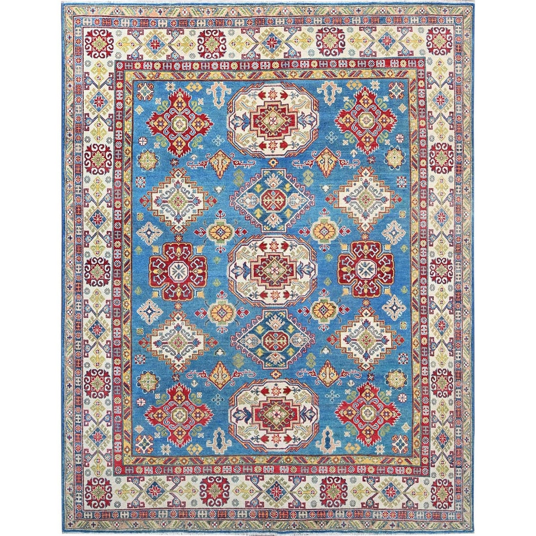 8'x10'1" Blue Soft Wool Kazak All Over Design Hand Knotted Oriental Rug: 8'x10'1" Blue Soft Wool Kazak All Over Design Hand Knotted Oriental Rug The vibrant blue hues of this 8'x10'1" Kazak-style rug create a stunning all-over design, perfectly complemented by the rich