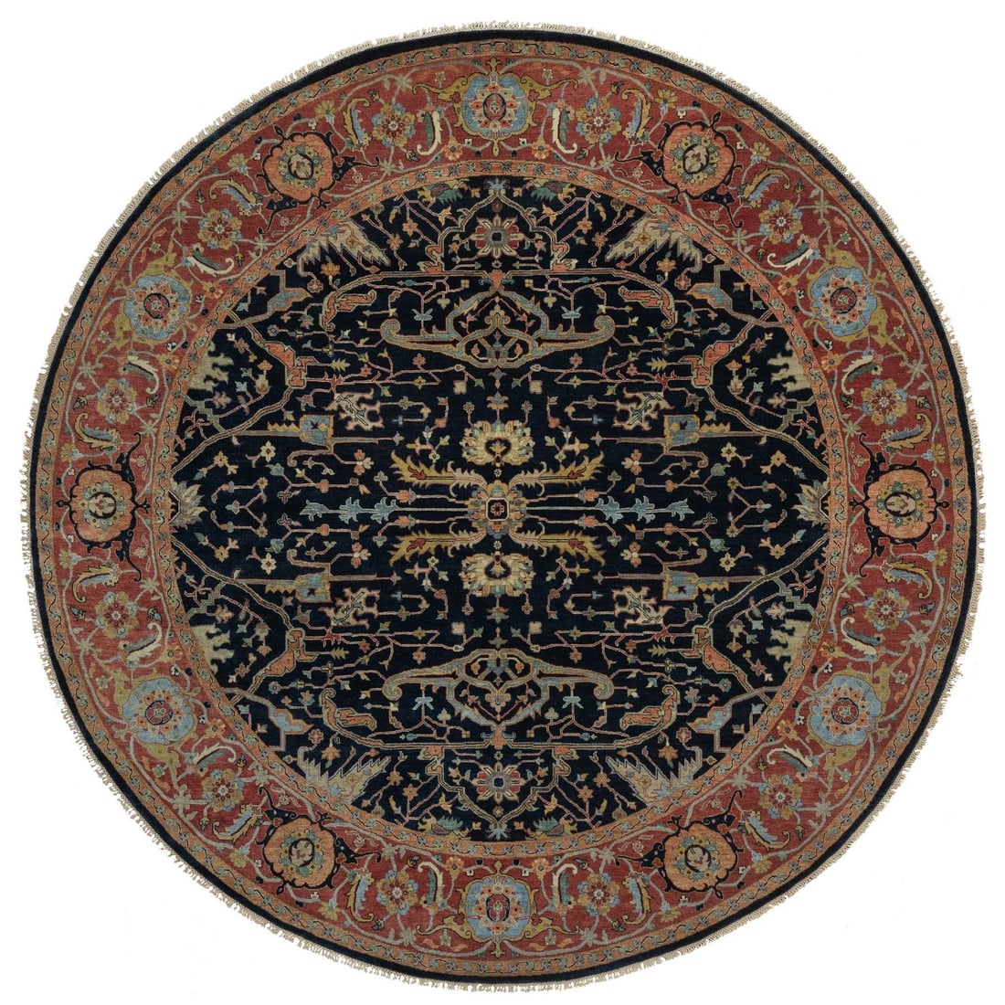 10'1"x10'1" Navy Antiqued Heris Re-Creation Hand Knotted Wool Round Rug: 10'1"x10'1" Navy Antiqued Heris Re-Creation Hand Knotted Wool Round Rug Navy blue and yellow-brown hues blend harmoniously in this intricately hand-knotted wool Heris-style rug, its 10'1" x 10'1" roun