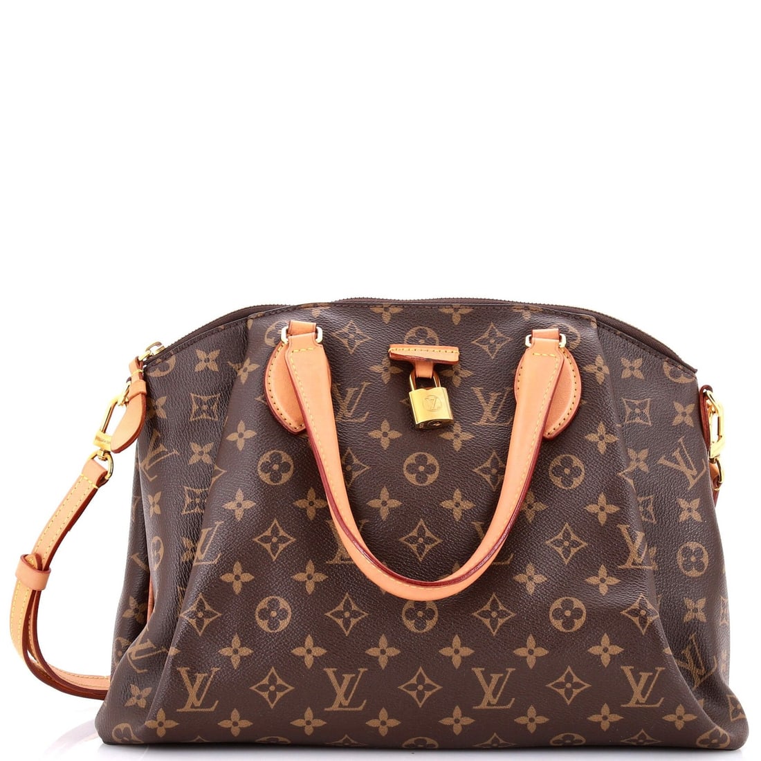 Monogram Canvas Handbag Louis Vuitton Rivoli: Monogram Canvas Handbag Louis Vuitton Rivoli Brown Monogram Canvas MM Louis Vuitton Rivoli Satchel with Gold Hardware and Purple Interior, featuring scuffs on handles/straps and minor creases. The