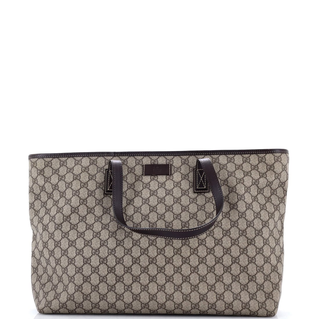 Gucci Plus Tote Large With Leather Coated Canvas GG: Gucci Plus Tote Large With Leather Coated Canvas GG Brown Gucci Plus Tote with Leather Coated Canvas GG in Large Size, Featuring Scuffs and Minor Wear on Exterior. This Very Good Condition Gucci Plus