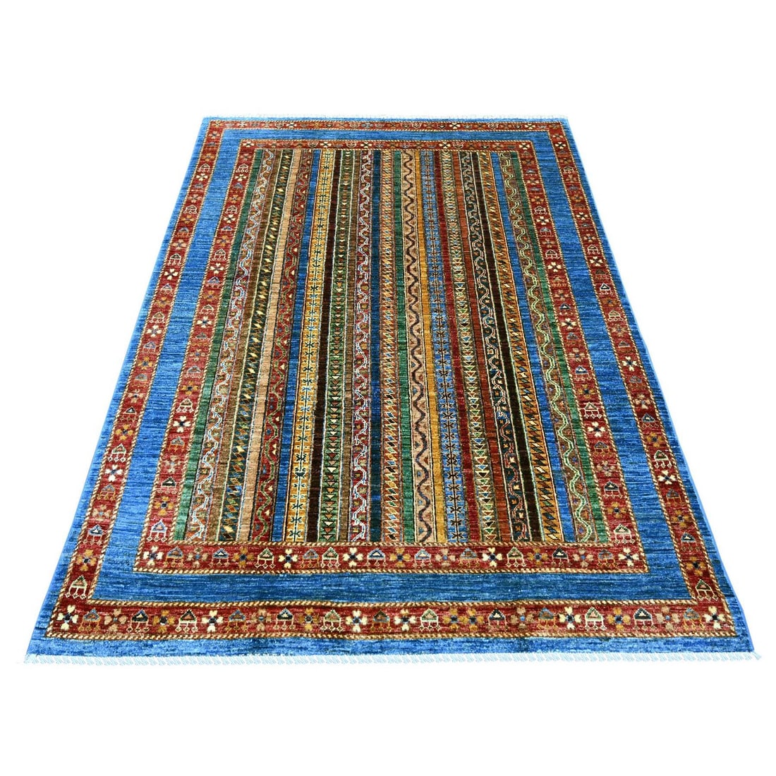 5'x6'10" Blue Afghan Super Kazak Shawl Design Hand Knotted Wool Rug: 5'x6'10" Blue Afghan Super Kazak Shawl Design Hand Knotted Wool Rug Hand-knotted in wool, this stunning 5'x6'10" Blue Afghan Super Kazak Shawl Design rug boasts a vibrant all-over regional design in s