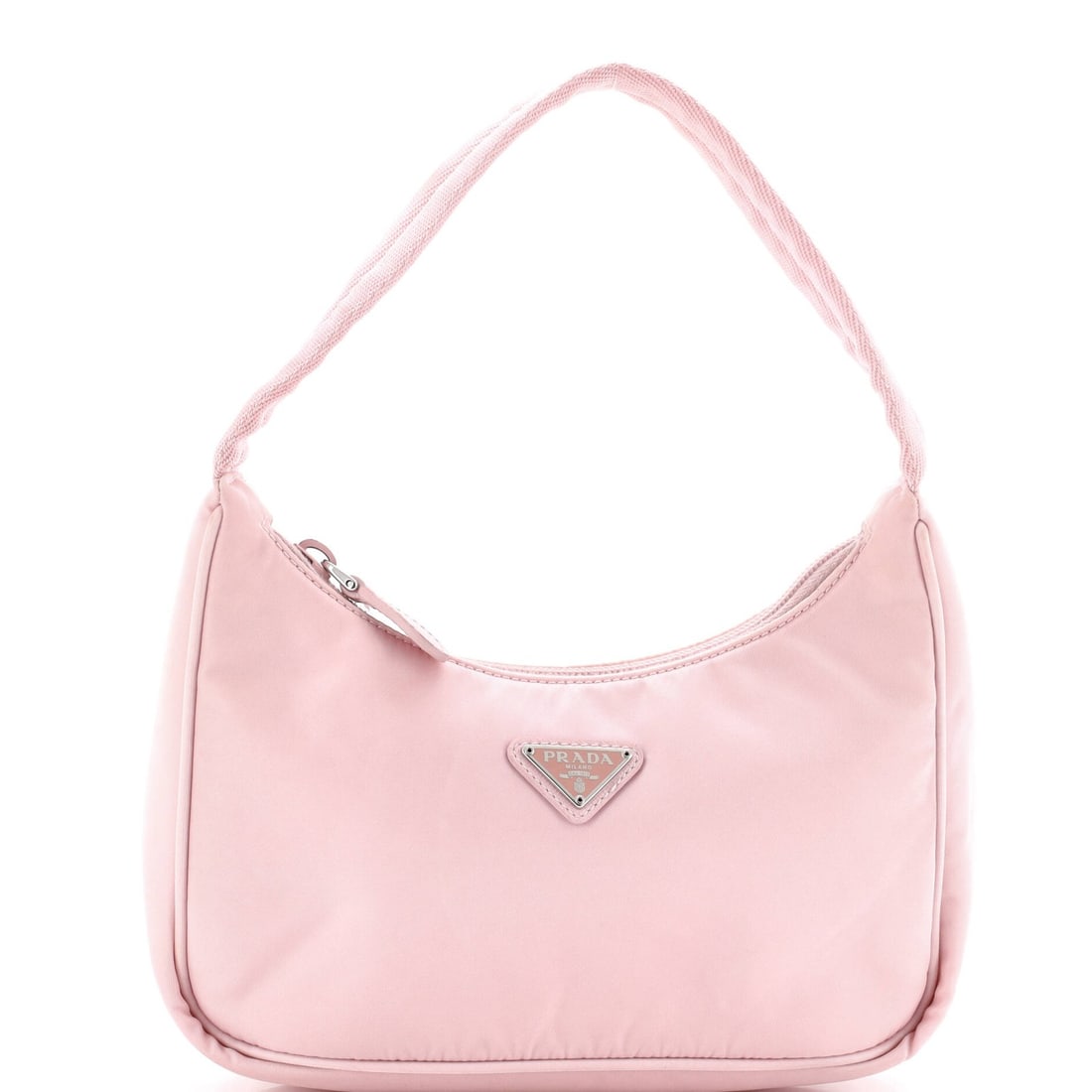 Hobo Mini Re Edition Prada Tessuto: Hobo Mini Re Edition Prada Tessuto Pink Prada Tessuto Hobo Mini Re Edition features a vibrant pink exterior made from nylon, with minor edge wear and scuffs. The mini size measures 6" tall and 8.5"