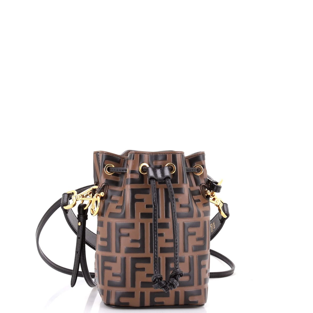 Mon Tresor Mini Zucca Embossed Leather Bucket Bag Fendi: Mon Tresor Mini Zucca Embossed Leather Bucket Bag Fendi Brown Mon Tresor Mini Zucca Embossed Leather Bucket Bag Fendi features scuffs, cracking, edge wear, corner wear, and minor creases on its