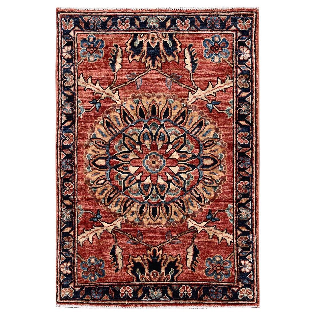 2'x3' Coral Red Northwest Zoroastrian Flower Soft Wool Hand Knotted Mat Rug: 2'x3' Coral Red Northwest Zoroastrian Flower Soft Wool Hand Knotted Mat Rug Coral Red Northwest Zoroastrian Flower Soft Wool Hand Knotted Mat Rug - A stunning example of traditional Afghan craftsmansh