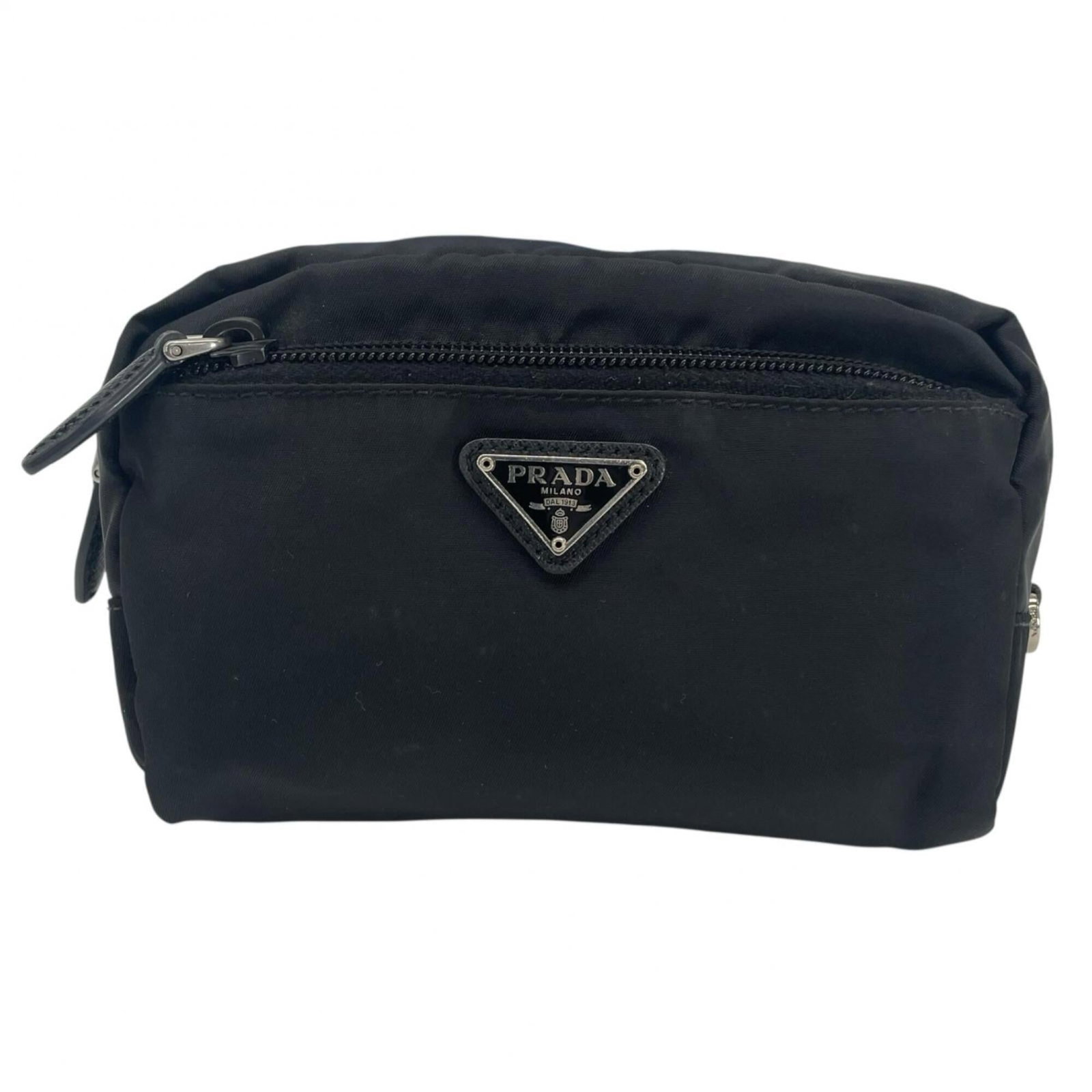 Pouch by Prada: Pouch by Prada Black Prada pouch with a classic design, measuring 10cm x 17cm x 6cm. The item shows signs of usage, including scratches and dirt, but remains in good condition overall. A versatile acc