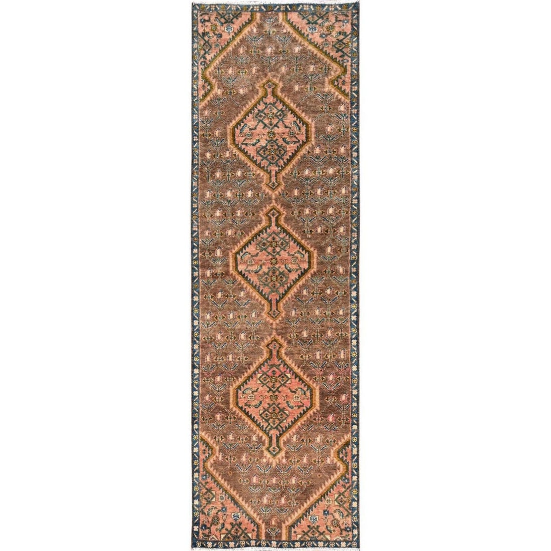2'9"x9'5" Brown Vintage Zoroastrian Khamadan Hand Knotted Wool Runner Rug: 2'9"x9'5" Brown Vintage Zoroastrian Khamadan Hand Knotted Wool Runner Rug Hand-knotted in wool, this 2'9"x9'5" brown Zoroastrian Khamadan runner rug boasts a rich medallion pattern and intricate