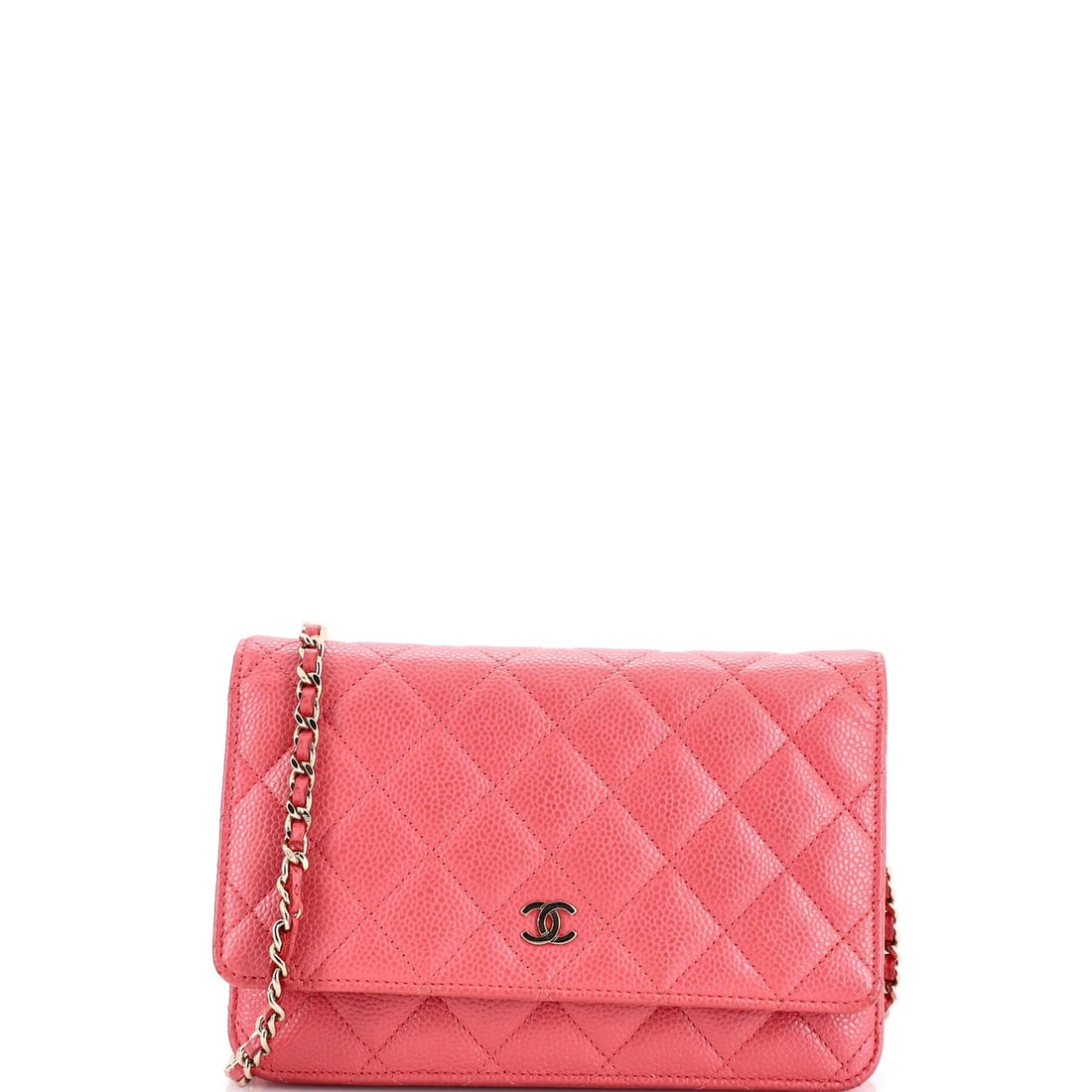 Caviar quilted chain wallet: Caviar quilted chain wallet The Caviar quilted chain wallet boasts a striking pink exterior, adorned with the iconic Chanel logo. Its quilted design and gold-tone hardware add a touch of luxury to
