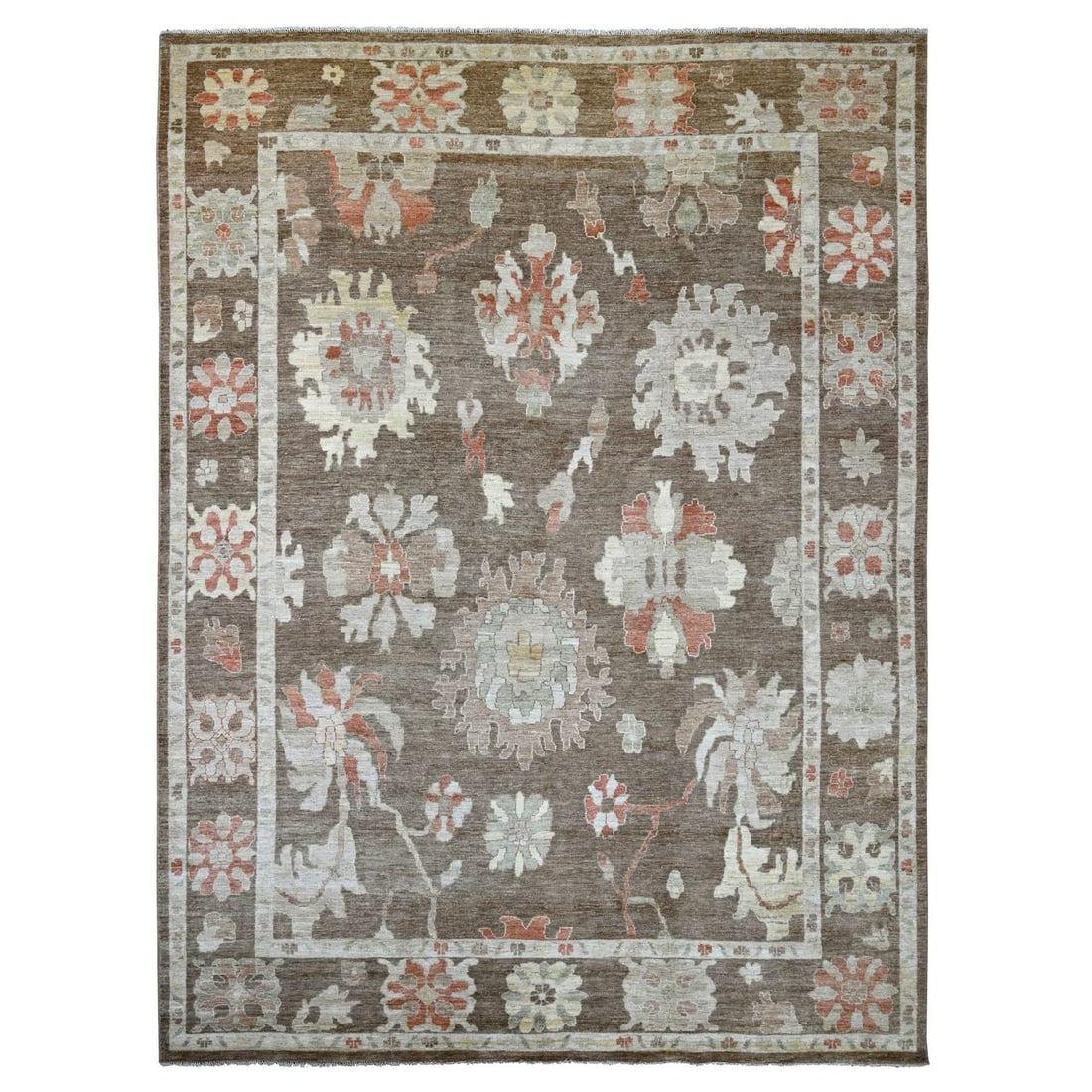 10'x13'5" Brown Afghan Angora Oushak Leaf Design Wool Hand Knotted Rug: 10'x13'5" Brown Afghan Angora Oushak Leaf Design Wool Hand Knotted Rug A stunning 10'x13'5" Brown Afghan Angora Oushak Leaf Design Wool Hand Knotted Rug, featuring intricate floral patterns and a