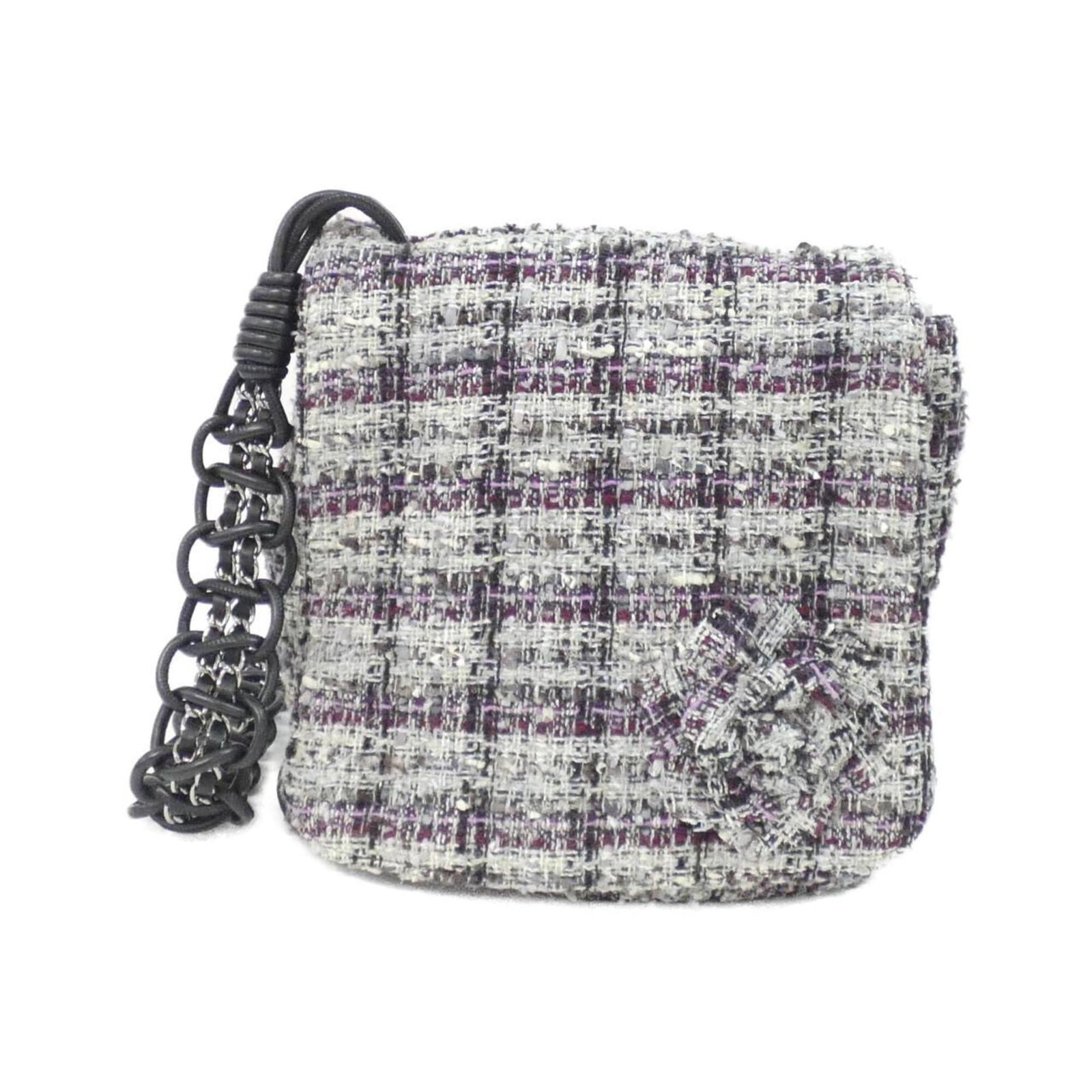 Shoulder Bag Tweed by Chanel: Shoulder Bag Tweed by Chanel Gray and pink tweed shoulder bag by Chanel, featuring silver hardware and a classic design. This pre-owned bag has some minor scratches and dirt, but remains in very good