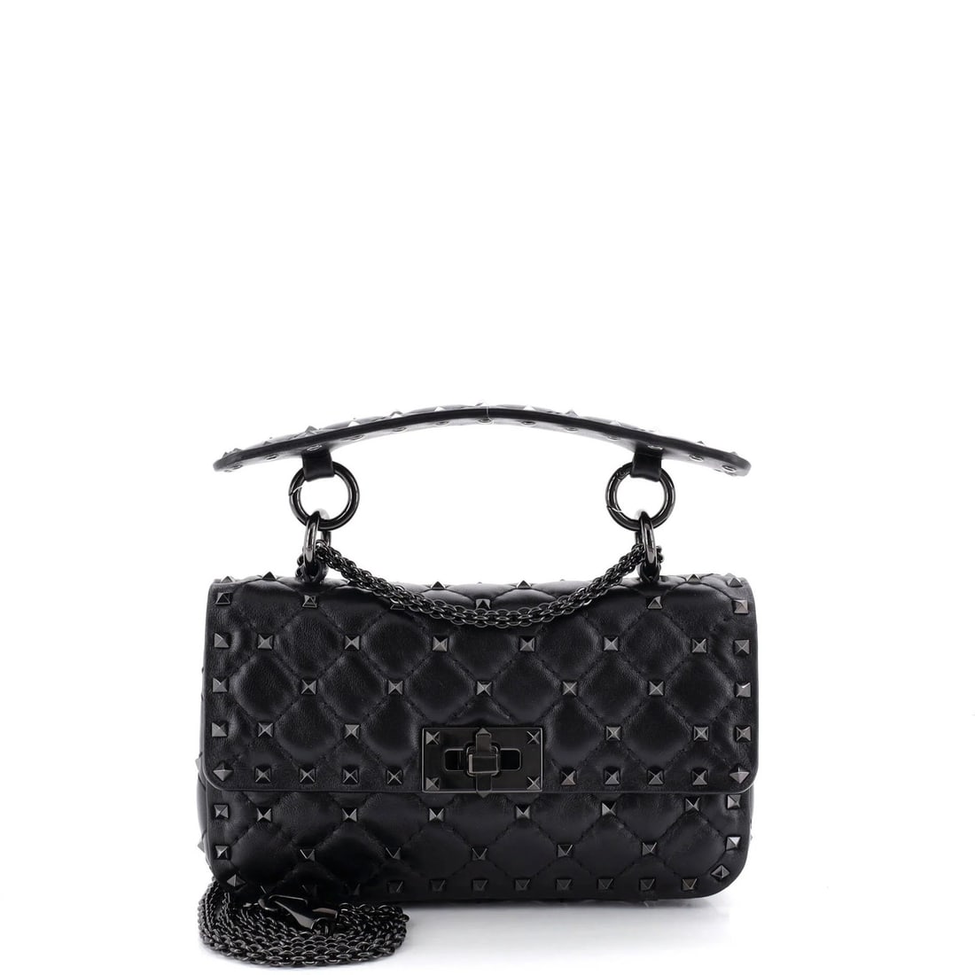 Valentino Garavani Rockstud Spike Flap Bag Quilted Leather Small: Valentino Garavani Rockstud Spike Flap Bag Quilted Leather Small Black quilted leather cross body bag with Rockstud Spike Flap design, featuring a small size and adjustable strap. Minor creases and