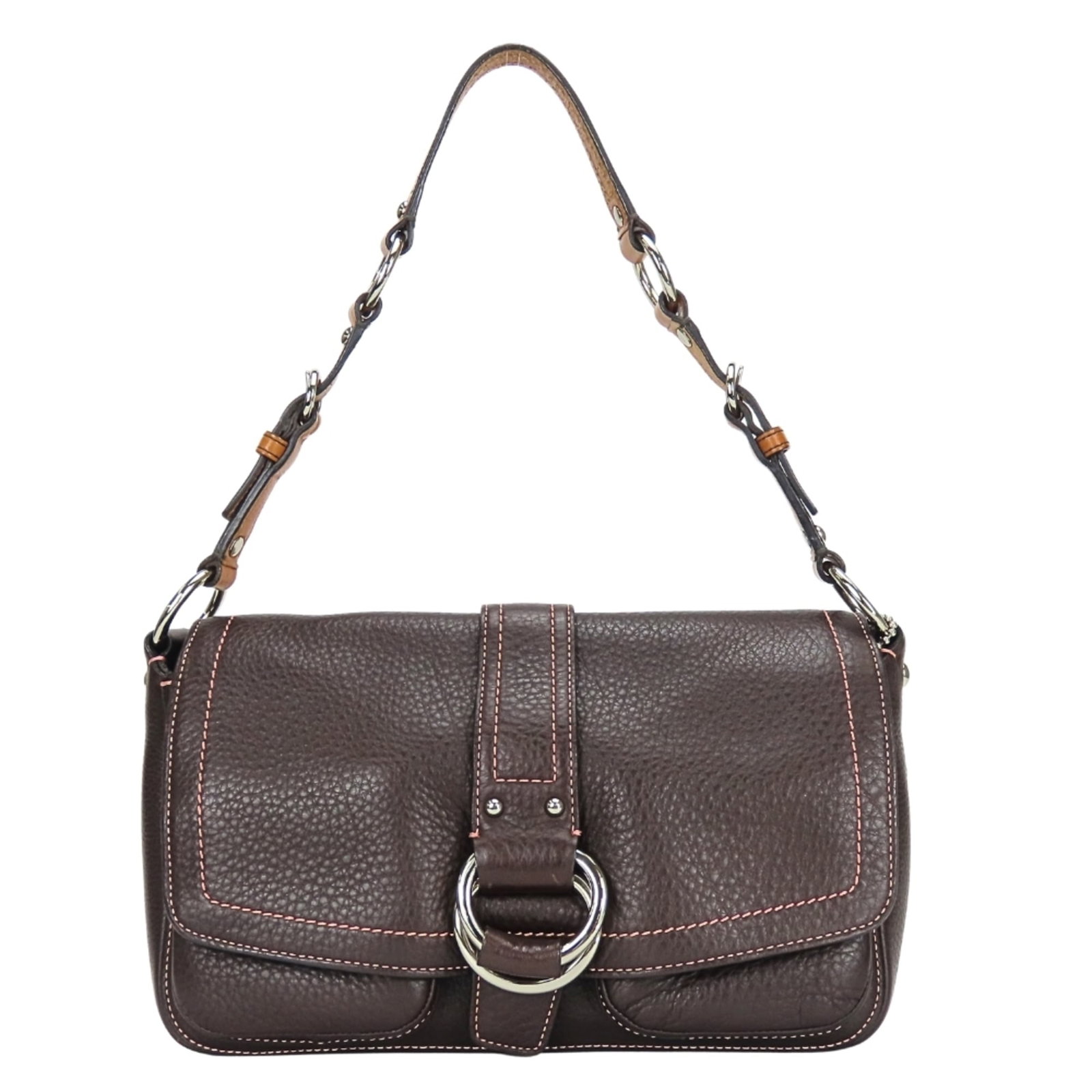 Shoulder Leather Bag Coach: Shoulder Leather Bag Coach Dark brown leather shoulder bag from Coach, featuring a classic design with a magnet closure and adjustable strap. The bag has some minor scratches and dirt, but remains in