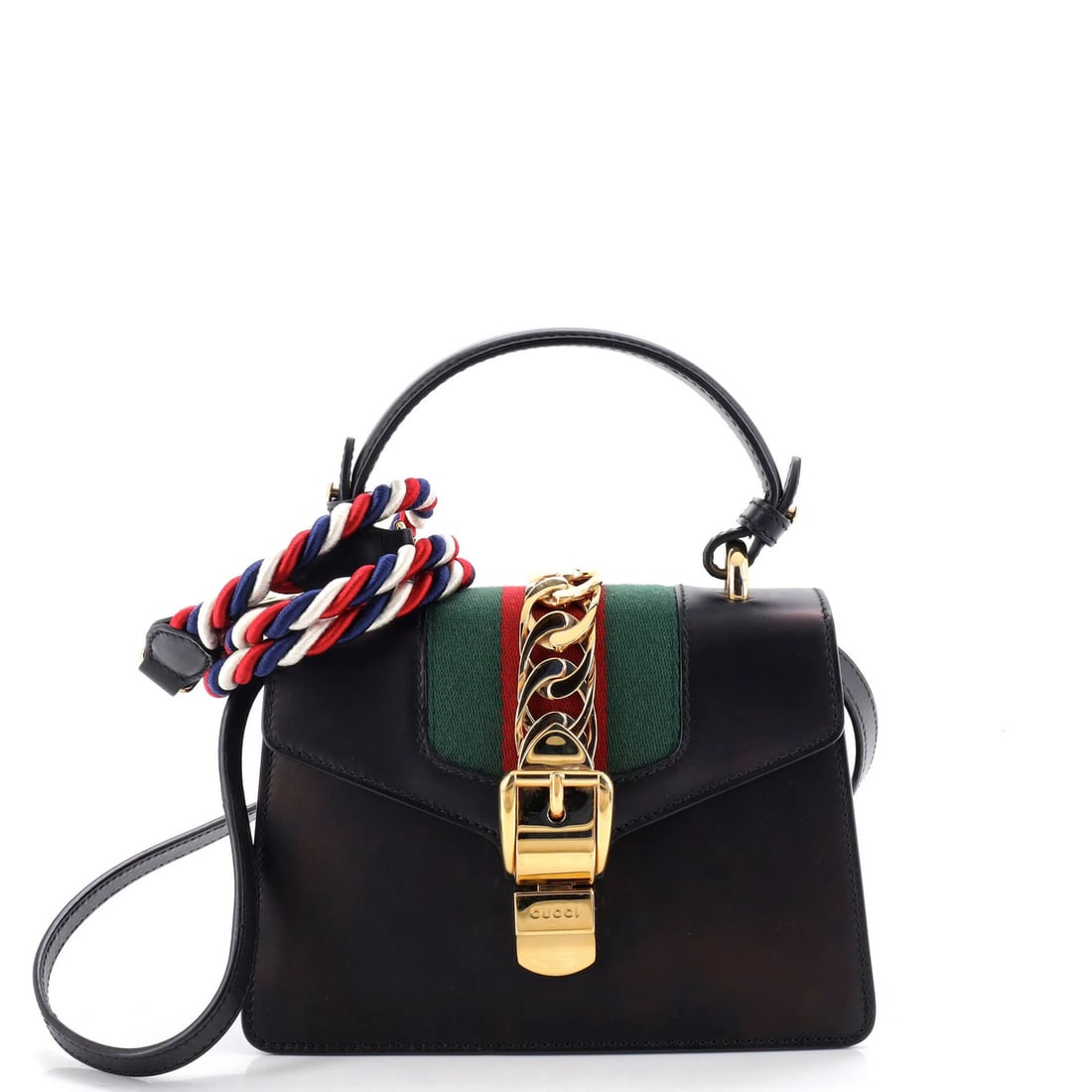 Sylvie Mini Top Leather Handle Gucci Bag: Sylvie Mini Top Leather Handle Gucci Bag Black leather mini top handle bag from Gucci, featuring gold hardware and a neutral microfiber interior. This Sylvie style bag has a classic design with a
