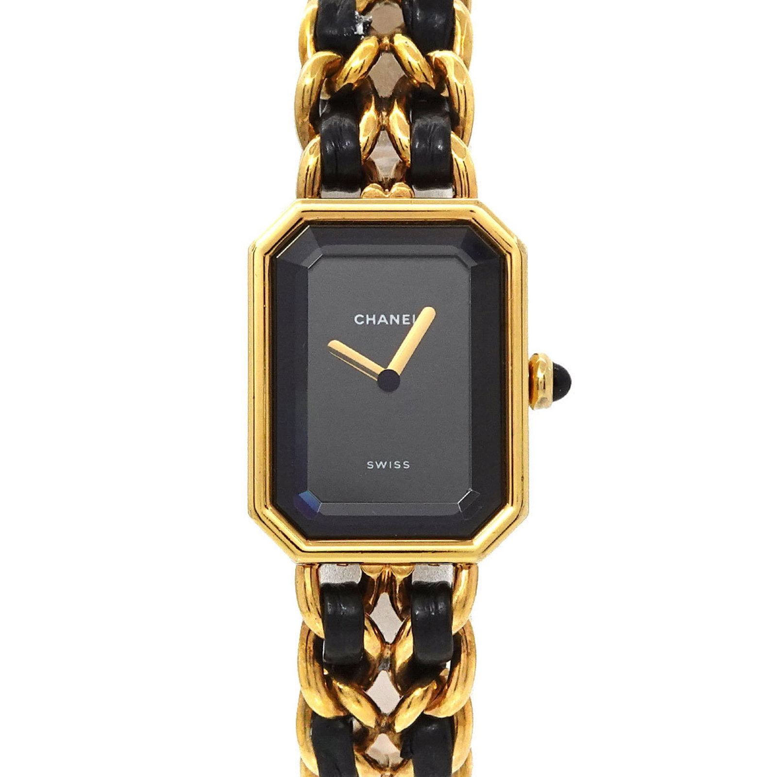Chanel Wristwatch: Chanel Wristwatch Gold Plated, Leather, and Stainless Steel Chanel Wristwatch. This classic timepiece boasts a sleek black dial against a gold plated case with stainless steel accents, finished in a d