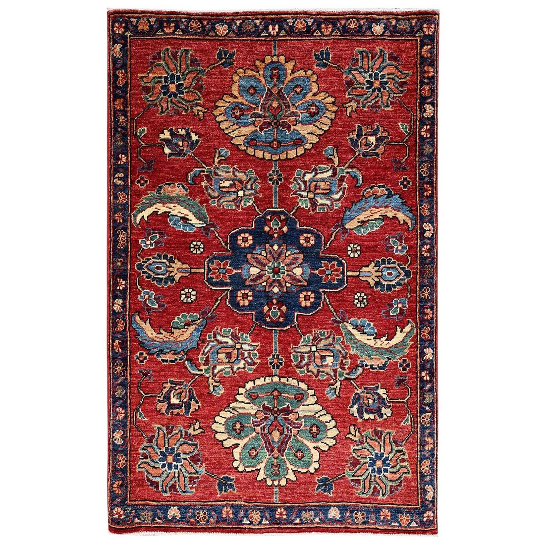 3'2"x4'9" Ajax Red Heris Design Aryana Grade Soft Wool Hand Knotted Rug: 3'2"x4'9" Ajax Red Heris Design Aryana Grade Soft Wool Hand Knotted Rug The Ajax Red Heris Design Aryana Grade Soft Wool Hand Knotted Rug boasts an all-over regional design in vibrant red hues, set ag