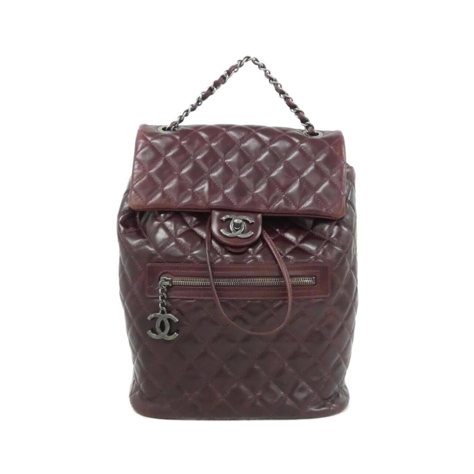 Backpack Leather by Chanel: Backpack Leather by Chanel Bordeaux leather backpack with classic Chanel design, featuring calfskin material and a timeless Bordeaux color. The backpack measures 31cm x 23cm x 10cm and has some minor