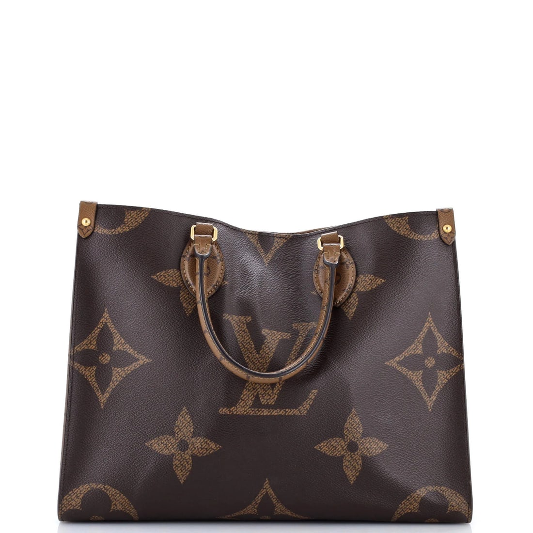 Louis Vuitton OnTheGo Tote Reverse Monogram Giant MM: Louis Vuitton OnTheGo Tote Reverse Monogram Giant MM The Louis Vuitton OnTheGo Tote Reverse Monogram Giant MM boasts its signature brown canvas exterior with subtle creases and minor scuffs, giving it