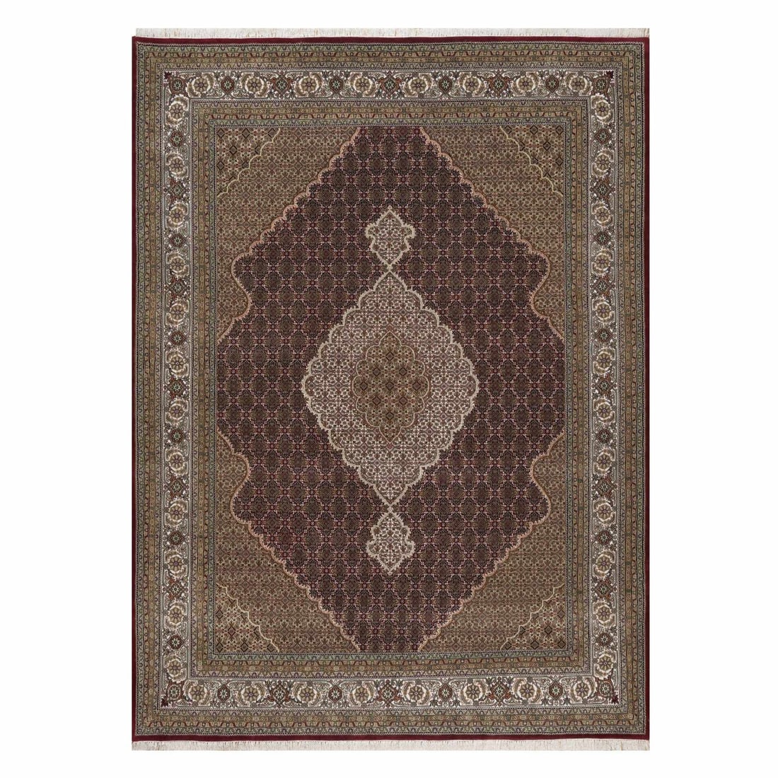 8'10"x12' Ruby Red Hand Knotted Rug Tebraz Mahi with Medallion Design Wool: 8'10"x12' Ruby Red Hand Knotted Rug Tebraz Mahi with Medallion Design Wool The Tebraz Mahi rug boasts an intricate medallion design in rich ruby red hues, set against a vibrant background.