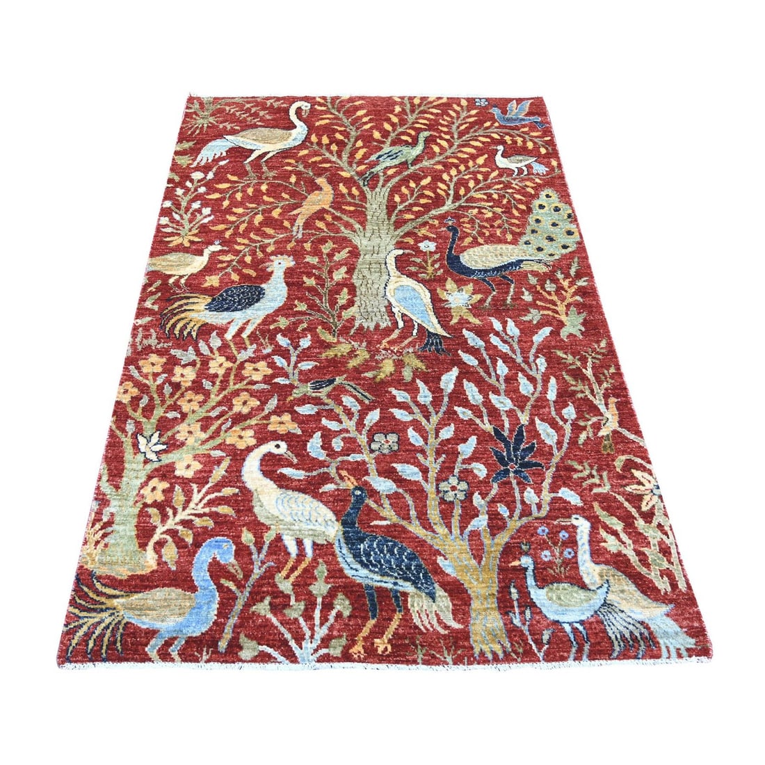 4'2"x6'1" Red Peshawar Birds of Paradise Design Hand Knotted Soft Wool Rug (1 of 6)