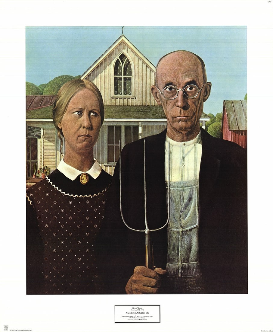 GRANT WOOD American Gothic 25.5" x 21" Poster 1982 Modernism Green Black White (1 of 1)