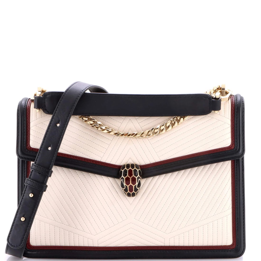 Serpenti Forever Bvlgari Medium Quilted Leather Shoulder Bag: Serpenti Forever Bvlgari Medium Quilted Leather Shoulder Bag The Serpenti Forever Bvlgari Medium Quilted Leather Shoulder Bag boasts a striking white exterior with quilted leather details, adding an a