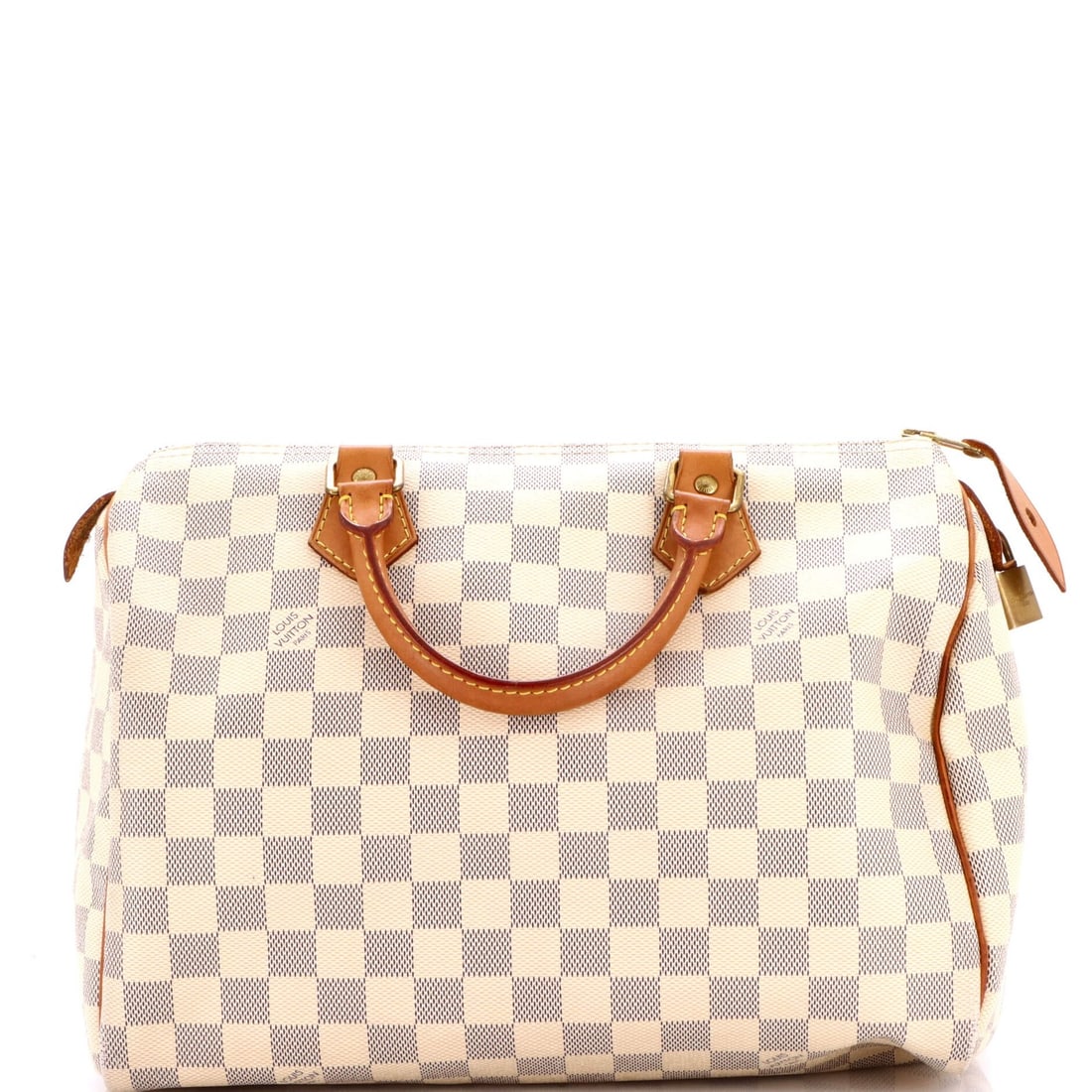 Louis Vuitton Damier 30 Handbag Speedy: Louis Vuitton Damier 30 Handbag Speedy White canvas coated Louis Vuitton Damier 30 Speedy handbag with gold hardware, featuring top handle and neutral interior. The bag boasts a classic design with