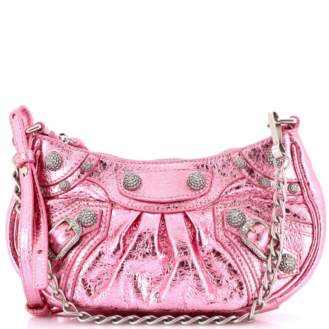 Balenciaga Le Cagole Giant Studs Shoulder Bag Leather with Crystals Mini: Balenciaga Le Cagole Giant Studs Shoulder Bag Leather with Crystals Mini The Balenciaga Le Cagole Giant Studs Shoulder Bag Leather with Crystals Mini boasts striking metallic pink and crystal