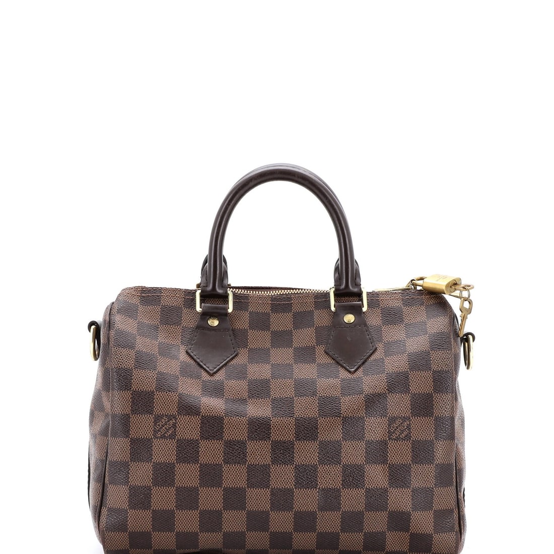 Vuitton Damier Bag Speedy Louis 25: Vuitton Damier Bag Speedy Louis 25 Brown Louis Vuitton Damier 25 Speedy Bandouliere Bag with canvas coated exterior, gold hardware, and red interior. The bag features a classic satchel design with a