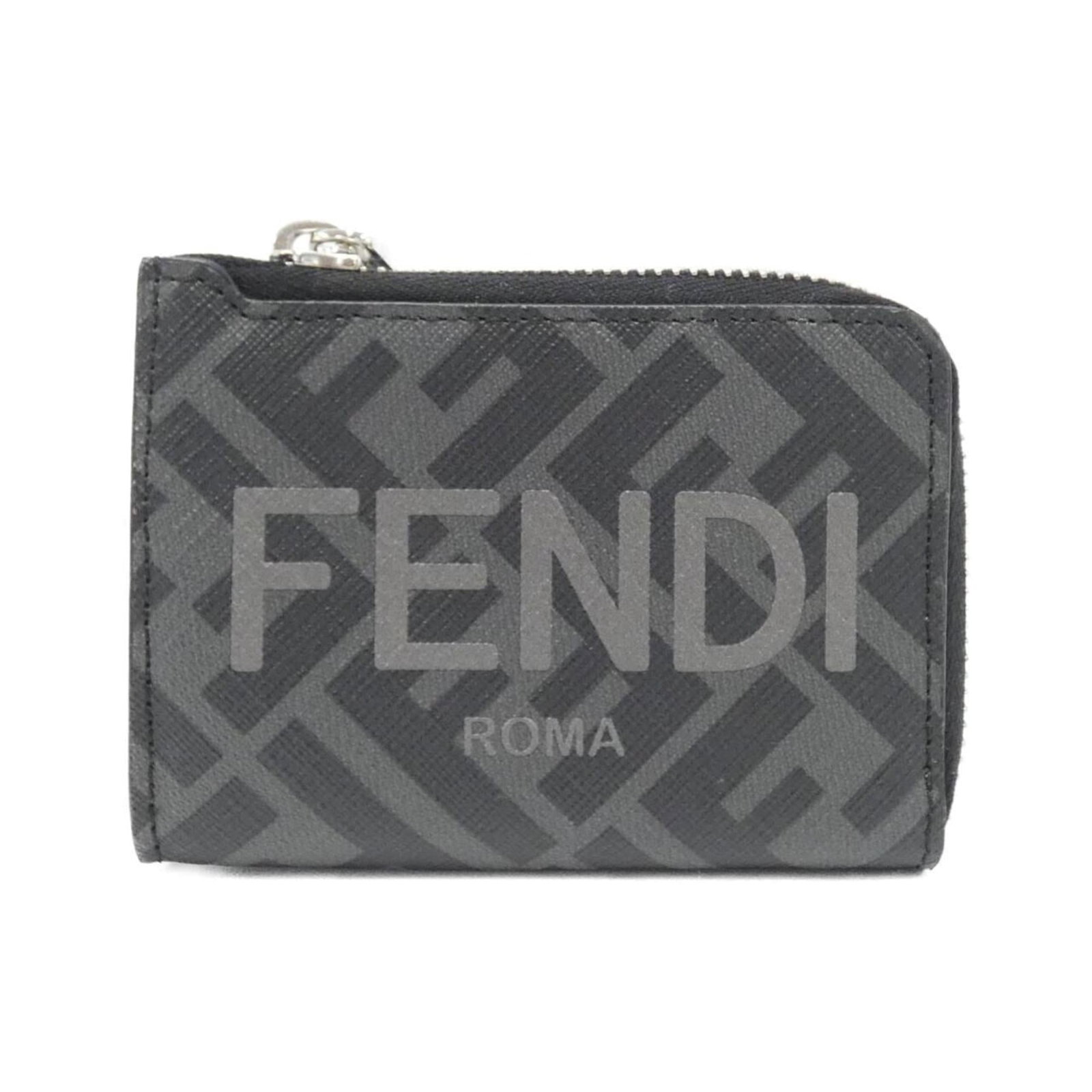 Coated canvas card case from Fendi: Coated canvas card case from Fendi Coated canvas card case from Fendi features dark gray color and coated canvas material, showcasing a subtle yet stylish design. The item has been used, with some