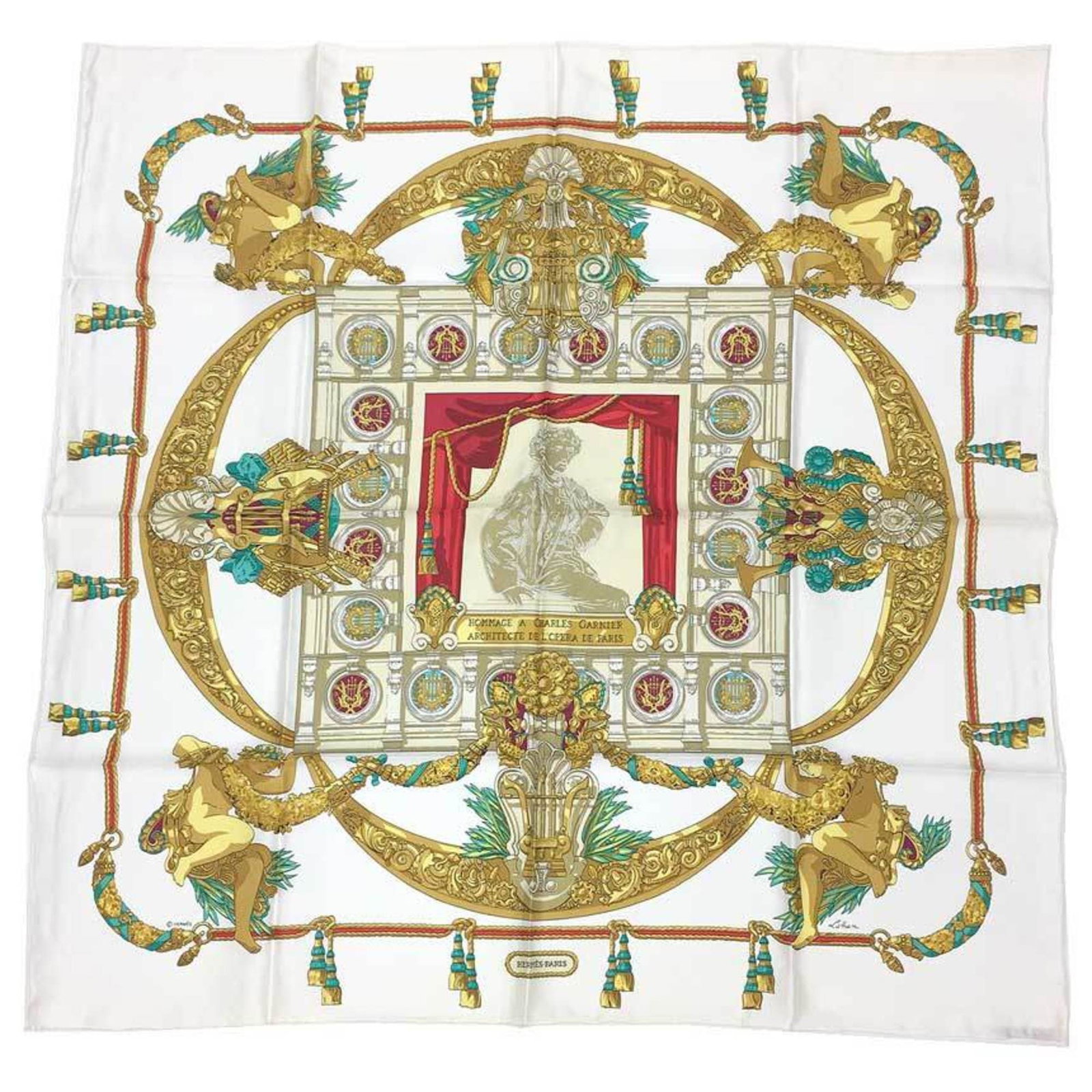 Silk Hermes Scarf: Silk Hermes Scarf Silk Hermes Scarf in White, 90cm x 90cm. Made from high-quality silk, this scarf features the iconic brand's signature style and attention to detail. A beautiful addition to any ward