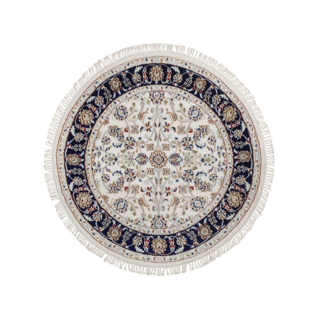 3'2"x3'2" Ivory Nain Hand Knotted 250 KPSI Wool and Silk Round Soft Rug: 3'2"x3'2" Ivory Nain Hand Knotted 250 KPSI Wool and Silk Round Soft Rug Hand-knotted with wool and silk, this 3'2"x3'2" ivory Nain round rug boasts an all-over regional design in a subtle yet