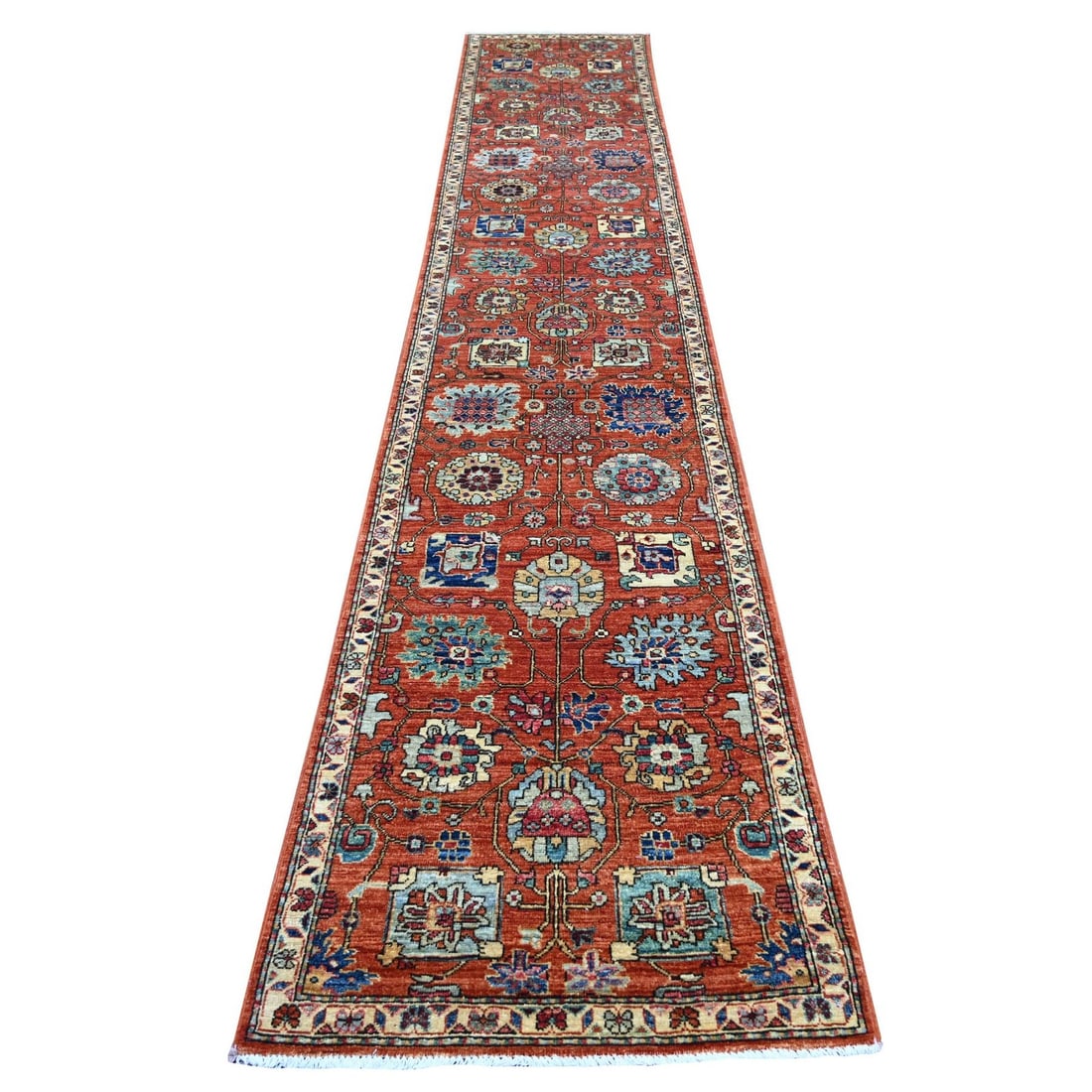 2'7"x14'5" Rust Northwest Zoroastrian Design Hand Knotted Wool Runner Rug: 2'7"x14'5" Rust Northwest Zoroastrian Design Hand Knotted Wool Runner Rug Hand-knotted wool runner rug from Afghanistan, featuring an all-over Zoroastrian design in vibrant orange hues. This stunning