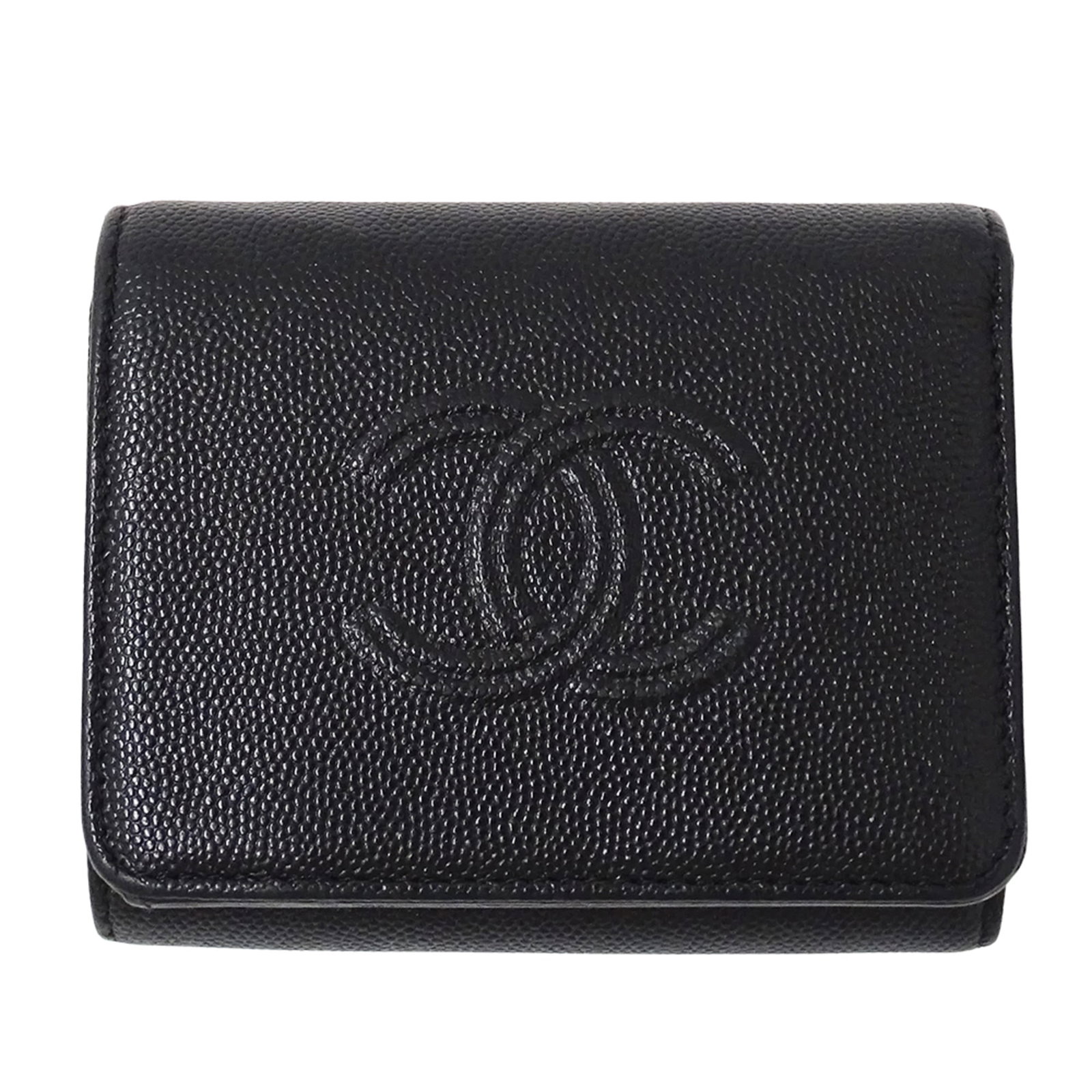 Calfskin Tri Fold Wallet Grained Chanel: Calfskin Tri Fold Wallet Grained Chanel Grained calfskin adds depth to the classic tri-fold design, while black finish provides sleek sophistication. This Chanel wallet features a timeless tri-fold la