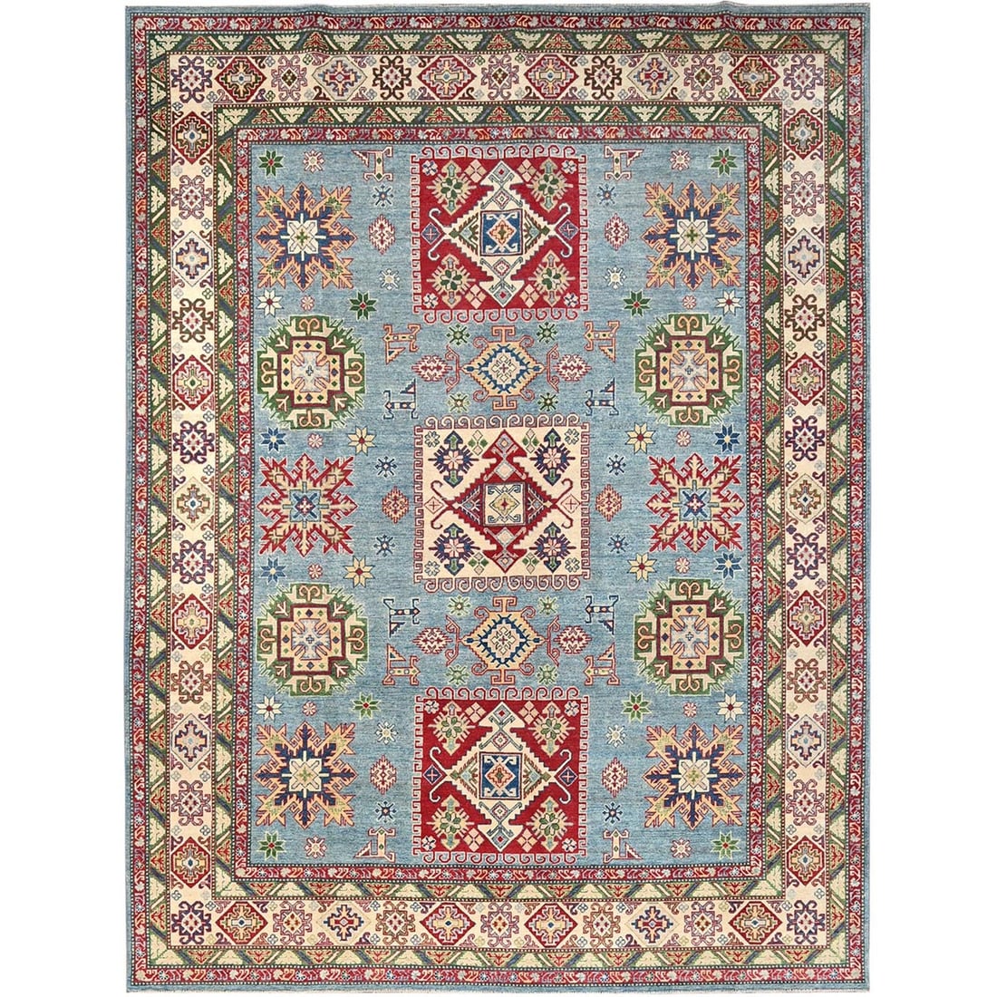 9'x11'9" Blue Hand Knotted Kazak Tribal Pattern Pure Wool Oriental Rug: 9'x11'9" Blue Hand Knotted Kazak Tribal Pattern Pure Wool Oriental Rug The Blue Kazak Tribal Pattern Pure Wool Oriental Rug boasts a stunning rectangular field with intricate blue and red hues, set ag