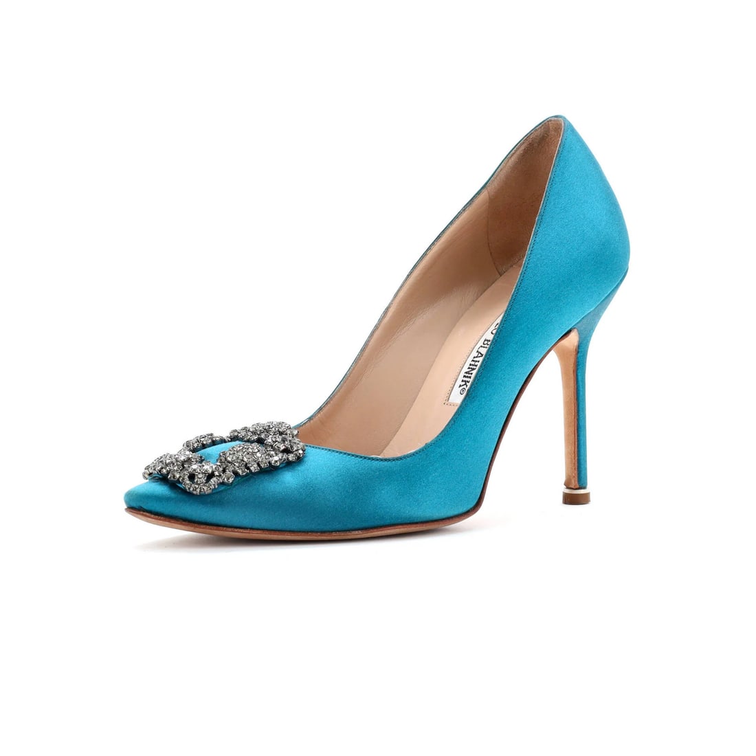 Women's Hangisi Pumps By Manolo Blahnik Satin 90: Women's Hangisi Pumps By Manolo Blahnik Satin 90 Satin upper in blue, these Manolo Blahnik Hangisi pumps feature a neutral leather interior and exterior details. With some signs of wear, including