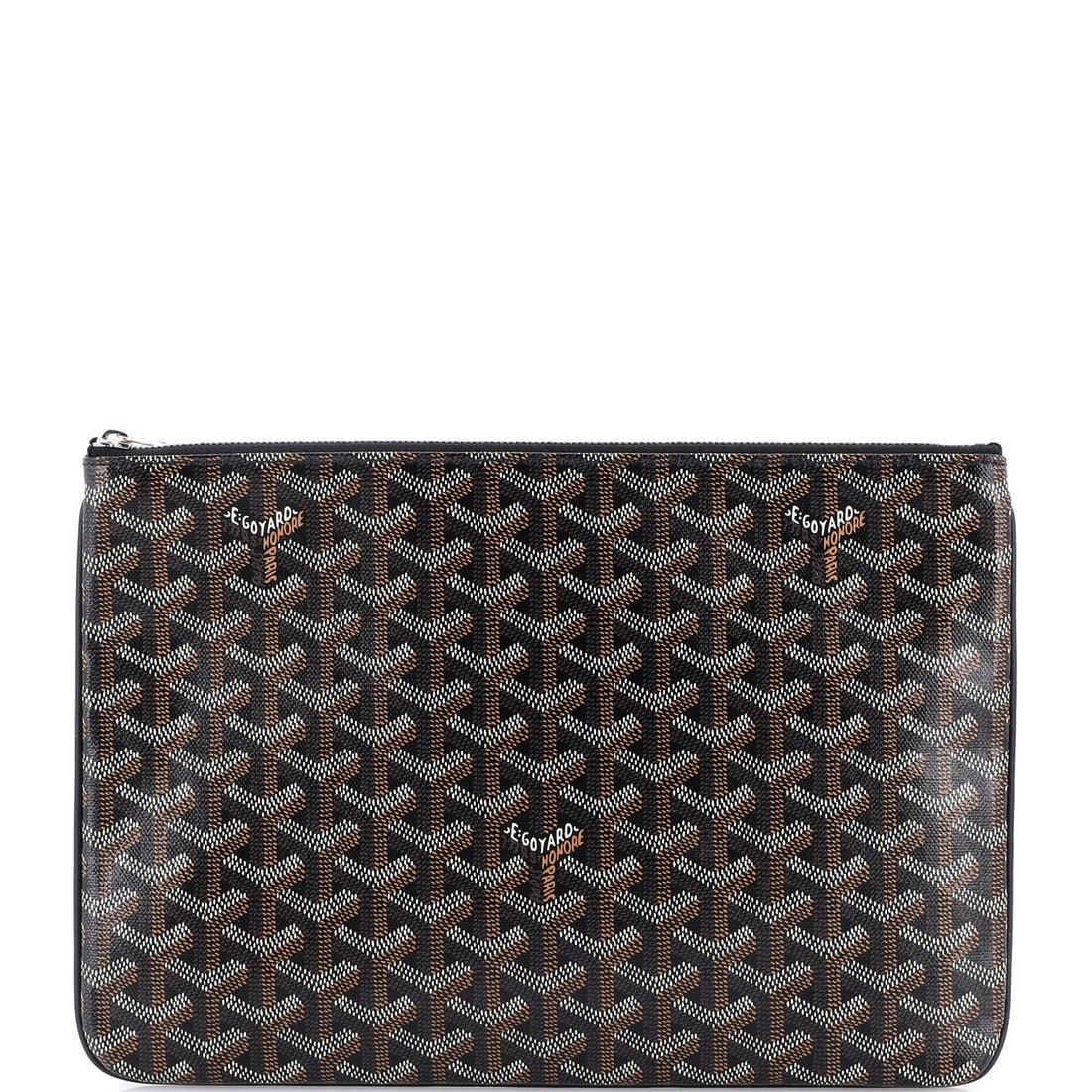 Senat MM Goyard Coated Zip Pouch Canvas: Senat MM Goyard Coated Zip Pouch Canvas Black canvas coated zip pouch with yellow interior, measuring 8.5" x 11.5" x 0.5". The Senat MM Goyard Coated Zip Pouch features a sturdy design and silver