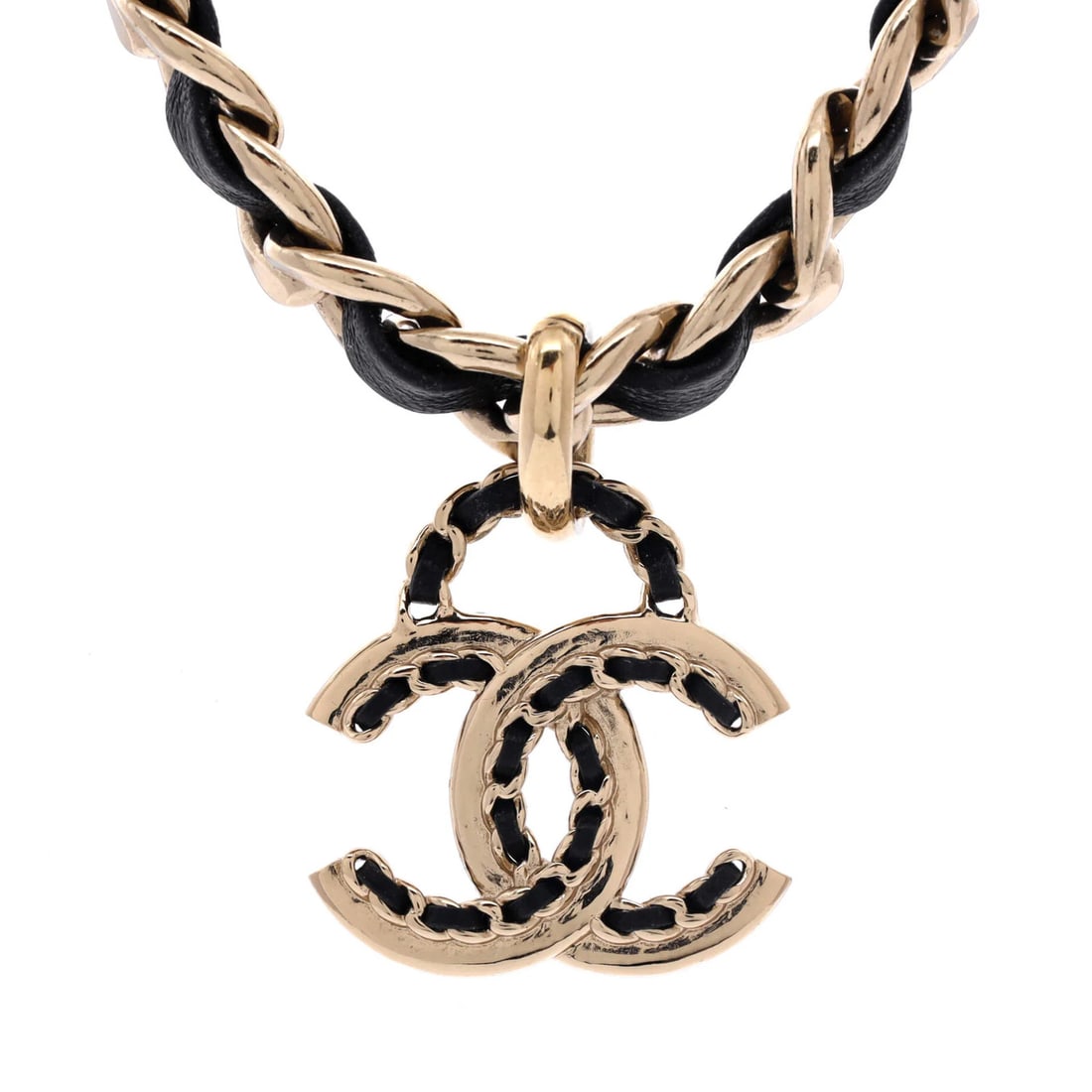Chain Woven CC Necklace Pendant Metal Leather Chanel Choker Chunky: Chain Woven CC Necklace Pendant Metal Leather Chanel Choker Chunky Chain woven CC necklace pendant metal leather Chanel choker chunky, featuring a woven chain design with a gold-toned finish and