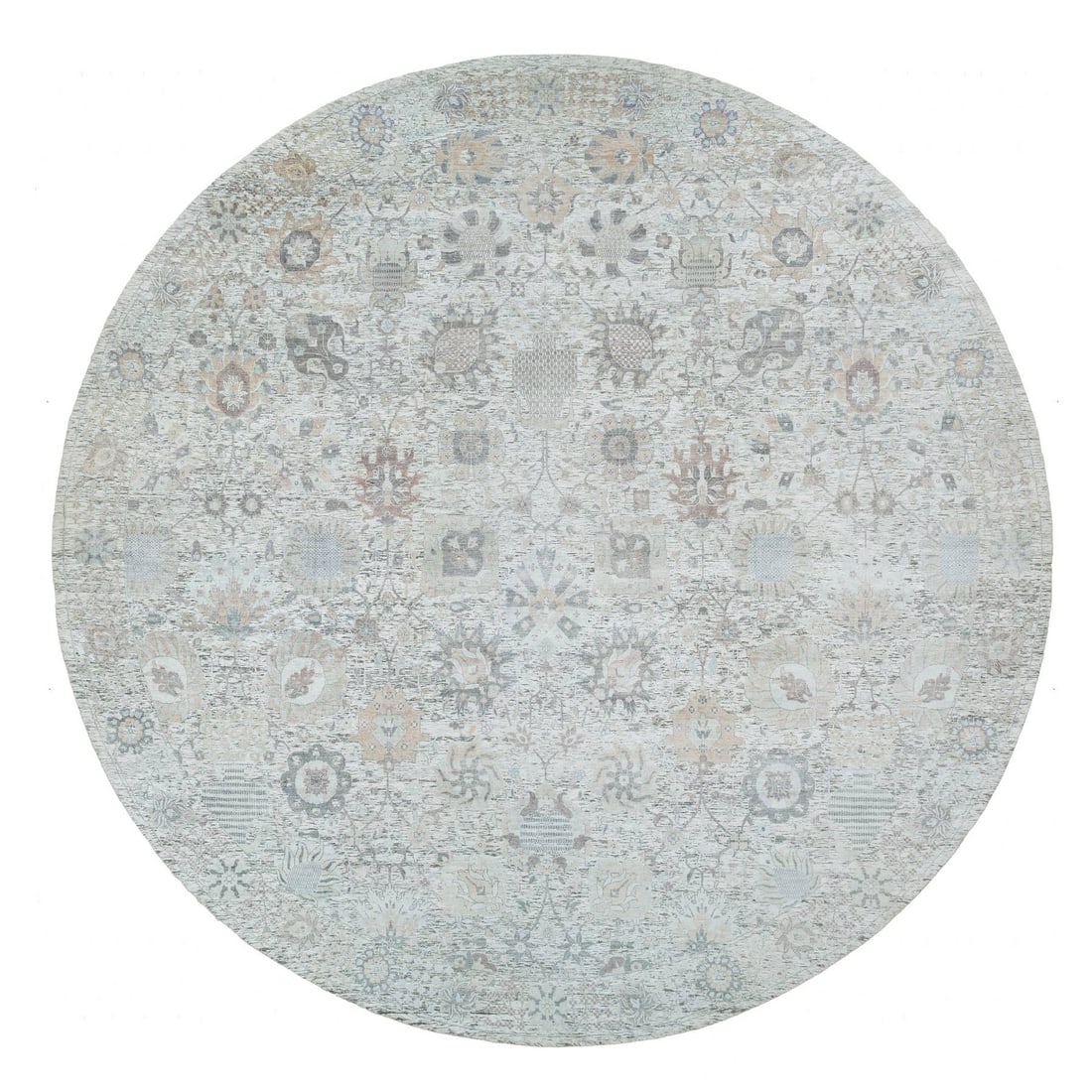 Ivory Tebraz Vase Design Silk Wool Hand Knotted Round Rug: Ivory Tebraz Vase Design Silk Wool Hand Knotted Round Rug The Ivory Tebraz Vase Design Silk Wool Hand Knotted Round Rug boasts an elegant ivory color and intricate design, showcasing the exceptional