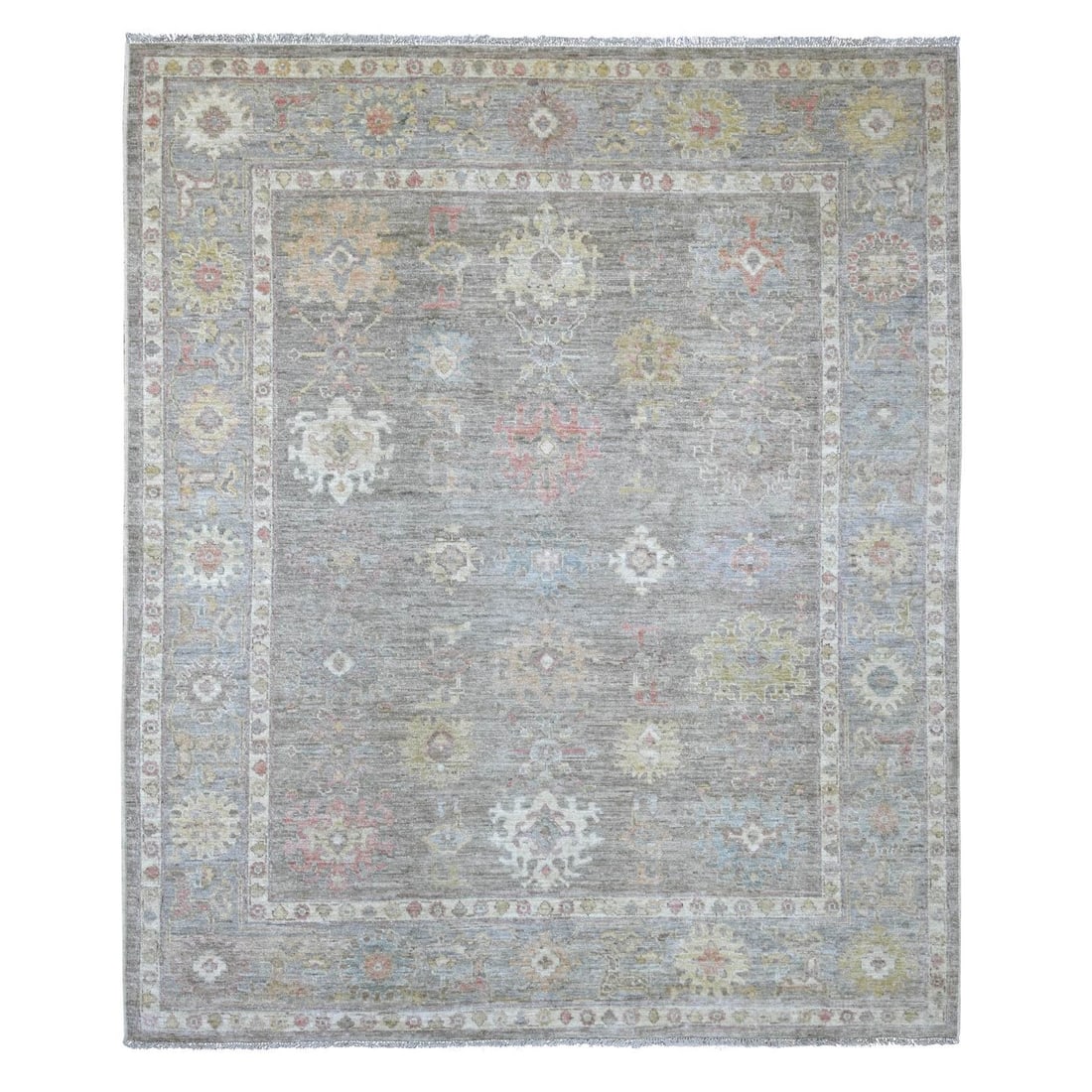 8'x9'4" Faded Brown Hand Knotted Afghan Angora Oushak Leaf Design Wool Rug: 8'x9'4" Faded Brown Hand Knotted Afghan Angora Oushak Leaf Design Wool Rug The Oushak Leaf Design Wool Rug boasts an intricate floral pattern in shades of brown, yellow, pink, ivory, and blue, set aga