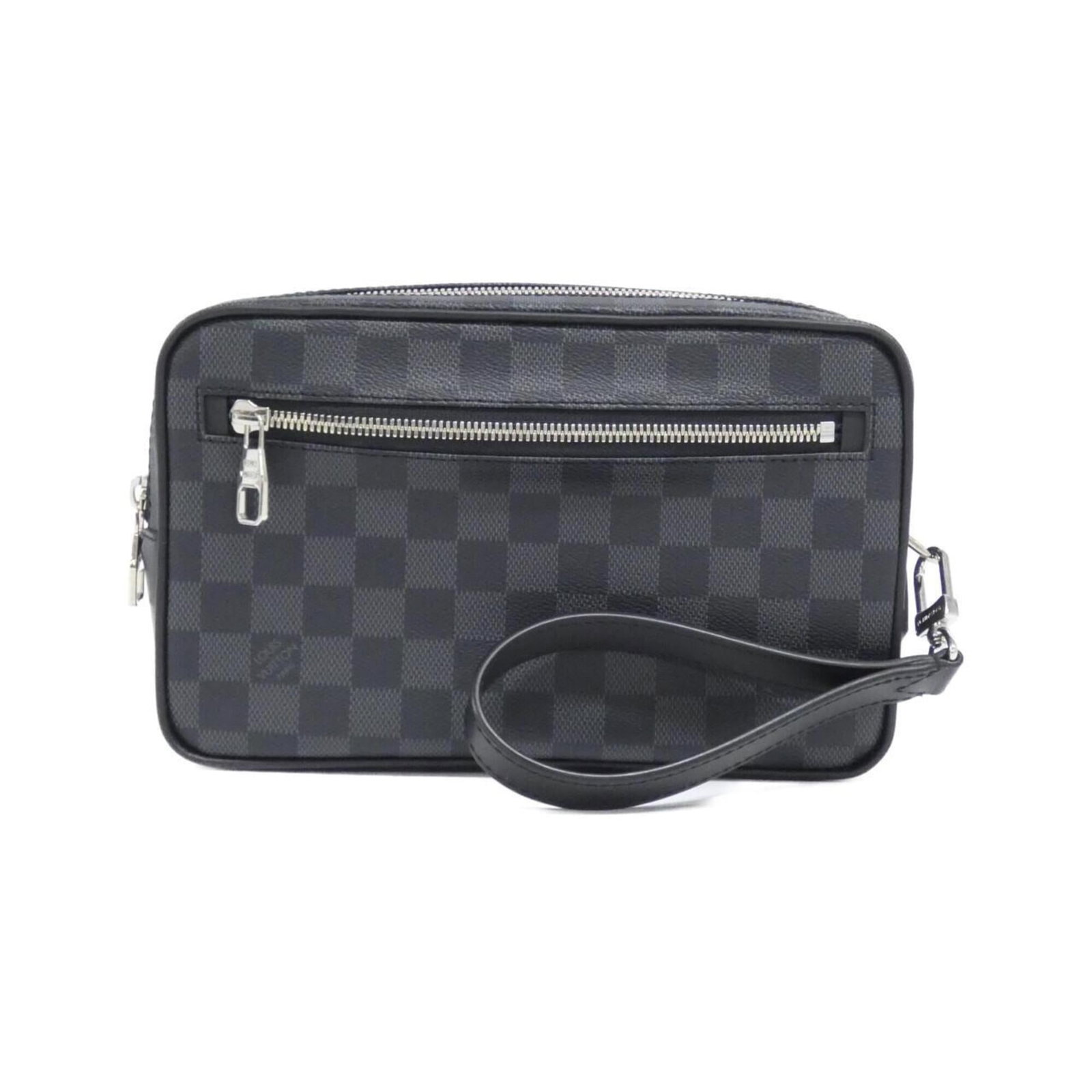 Canvas coated clutch bag handbag by Louis Vuitton: Canvas coated clutch bag handbag by Louis Vuitton Graphite coated canvas, silver hardware, and a sleek design make this Louis Vuitton clutch bag a stylish accessory. Measuring 14cm x 23cm x 3cm, it fe