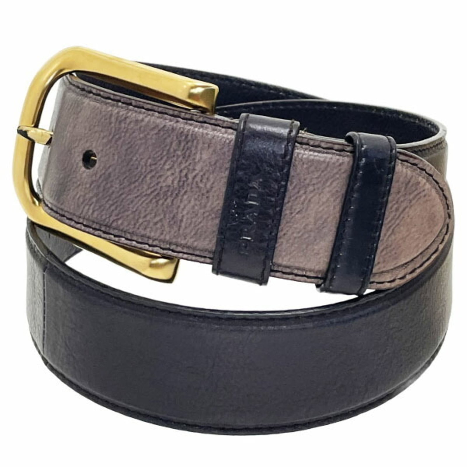 Standard Prada Belt: Standard Prada Belt Used Prada Belt in Black and Gold Leather, available in lengths of 73cm-83cm. This standard belt features genuine leather straps with visible signs of usage, including scratches an
