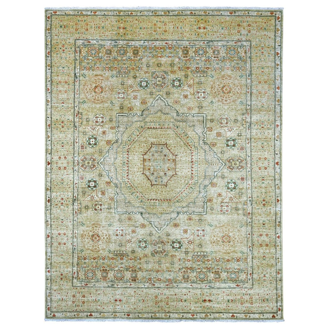 8'x10'1" Green Hand Knotted 14th Century Mamluk Dynasty Pattern Wool Rug (1 of 11)