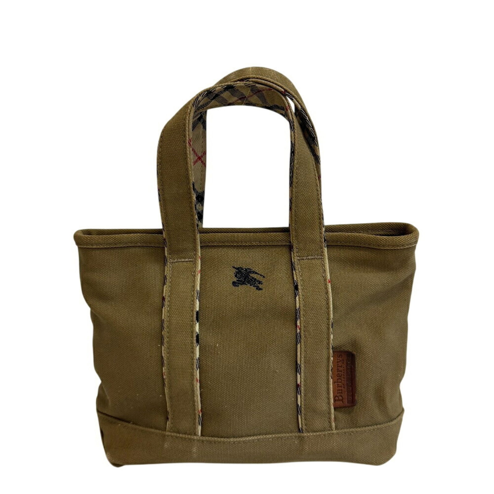 Canvas tote bag by Burberry: Canvas tote bag by Burberry Canvas tote bag by Burberry, featuring a classic green and khaki design. This pre-owned canvas tote bag measures 19.5cm x 28.5cm x 10.5cm and showcases signs of previous