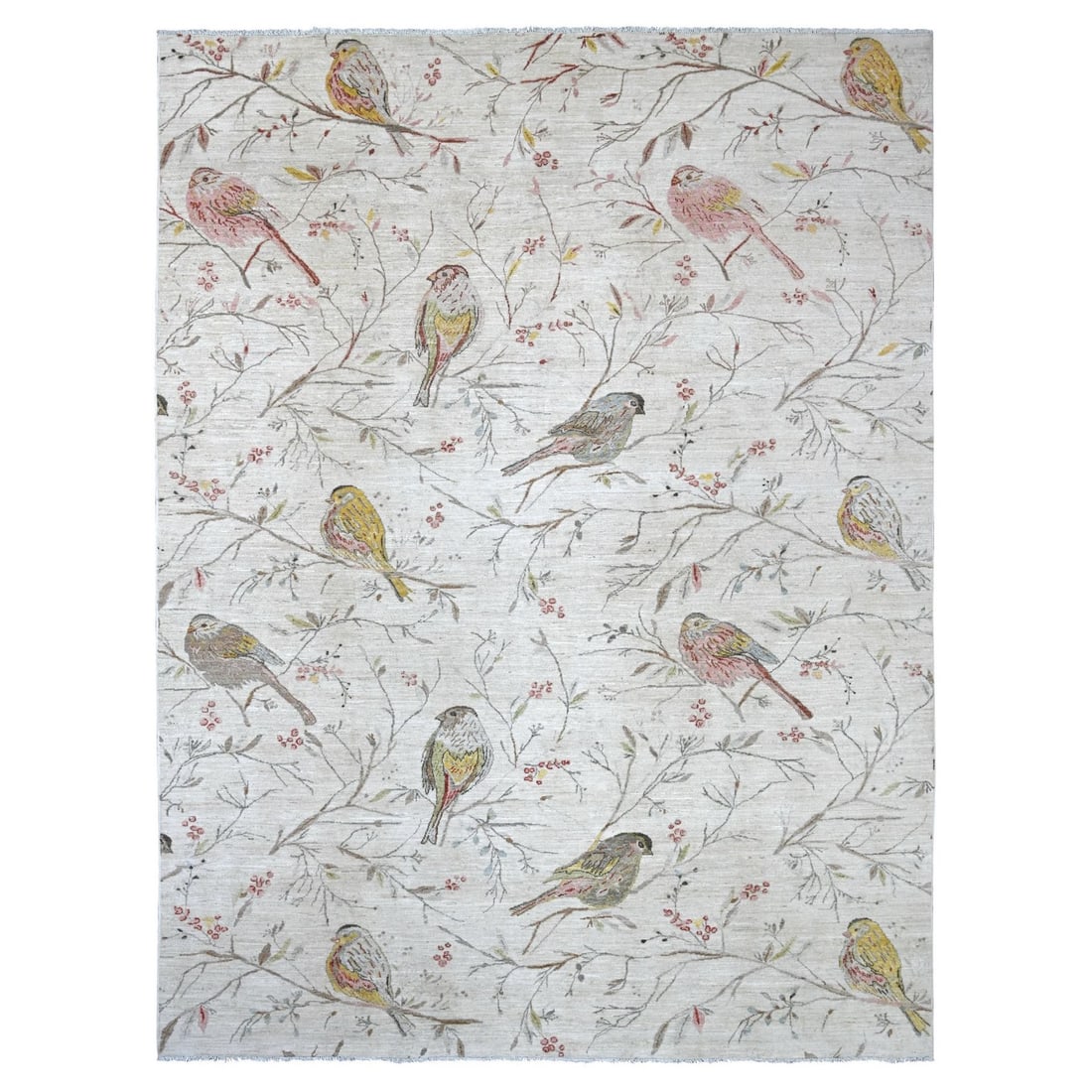 8'10"x11'10" Ivory Hand Knotted Sparrows on the Tree Peshawar All Wool Rug: 8'10"x11'10" Ivory Hand Knotted Sparrows on the Tree Peshawar All Wool Rug The Peshawar All Wool Rug boasts an impressive ivory color and intricate hand-knotted wool design, featuring the charming