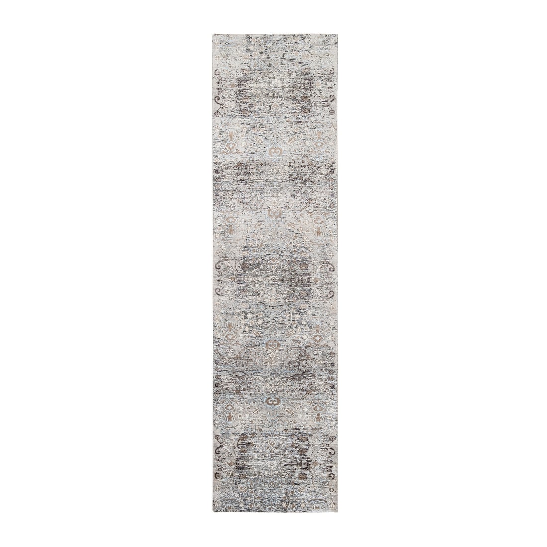 2'6"x10' Gray Transitional Design Hand Knotted Silk with Wool Runner Rug: 2'6"x10' Gray Transitional Design Hand Knotted Silk with Wool Runner Rug The 2'6"x10' Gray Transitional Design Hand Knotted Silk with Wool Runner Rug boasts a stunning transitional design, perfectly