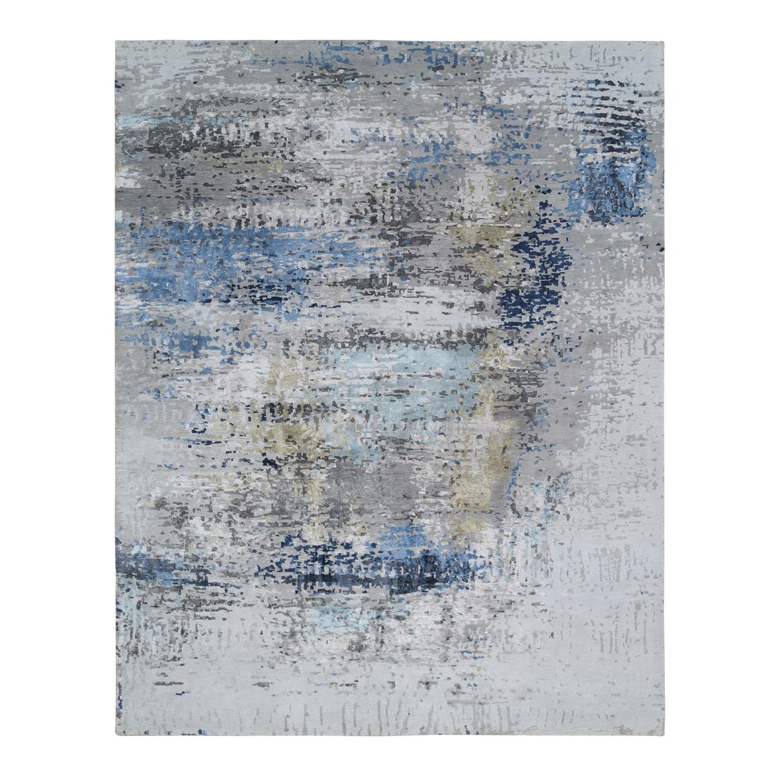7'10"x10' Gray Wool and Silk Hand Knotted Modern Abstract Design Rug: 7'10"x10' Gray Wool and Silk Hand Knotted Modern Abstract Design Rug 7'10"x10' Gray Wool and Silk Hand Knotted Modern Abstract Design Rug, featuring a unique blend of 100% wool and silk in a striking