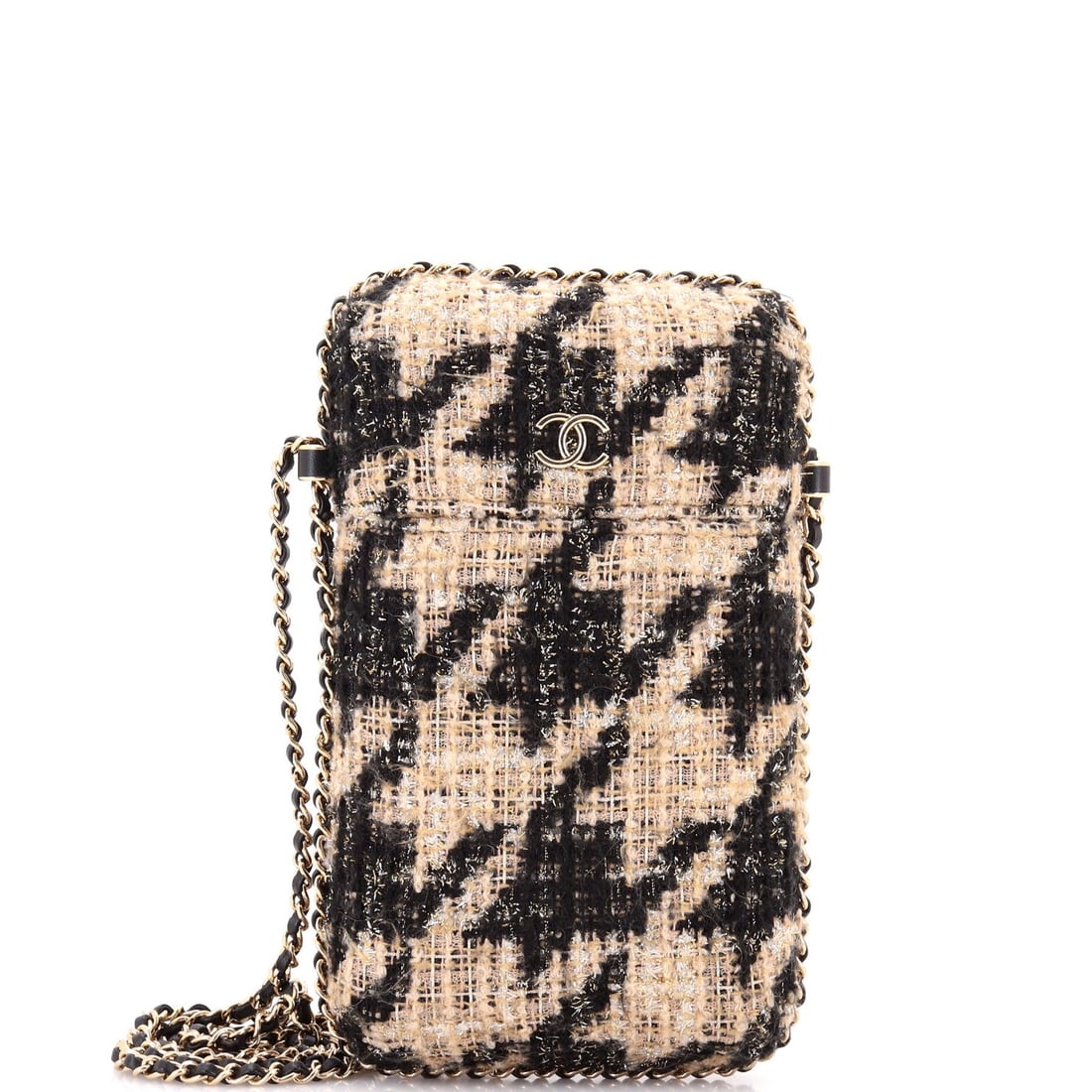 Chain bag crossbody holder phone tweed ribbon Chanel: Chain bag crossbody holder phone tweed ribbon Chanel Chain bag crossbody holder phone tweed ribbon Chanel features a neutral black exterior with minor corner wear and scuffs, complemented by gold