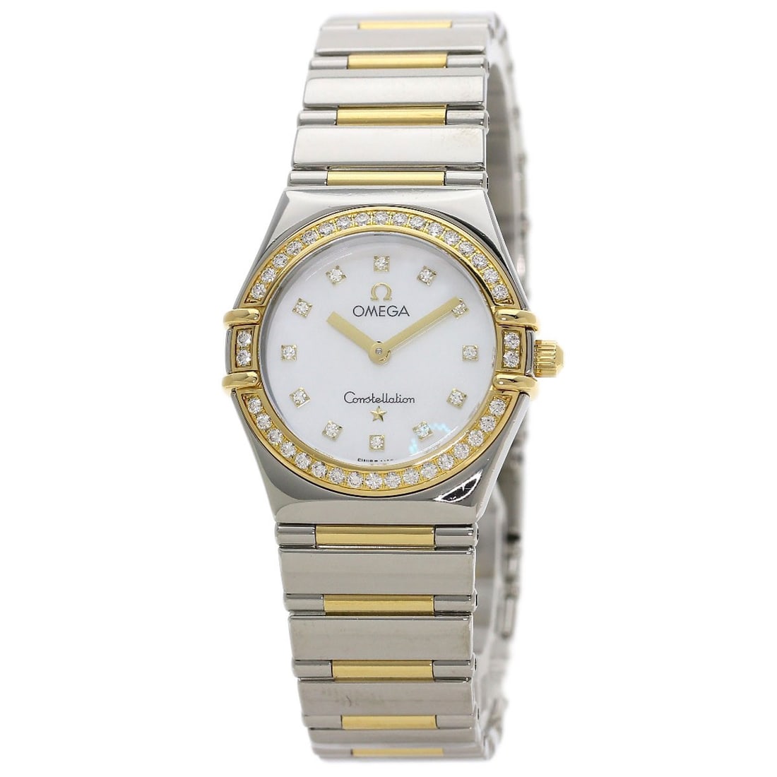 Omega Constellation 12P Bezeldiamond Watches 1376.75 Stainless: Omega Constellation 12P Bezeldiamond Watches 1376.75 Stainless Omega Constellation 12P Bezeldiamond Watches in Gold features a stainless steel case with a gold bezel and white dial, making for a